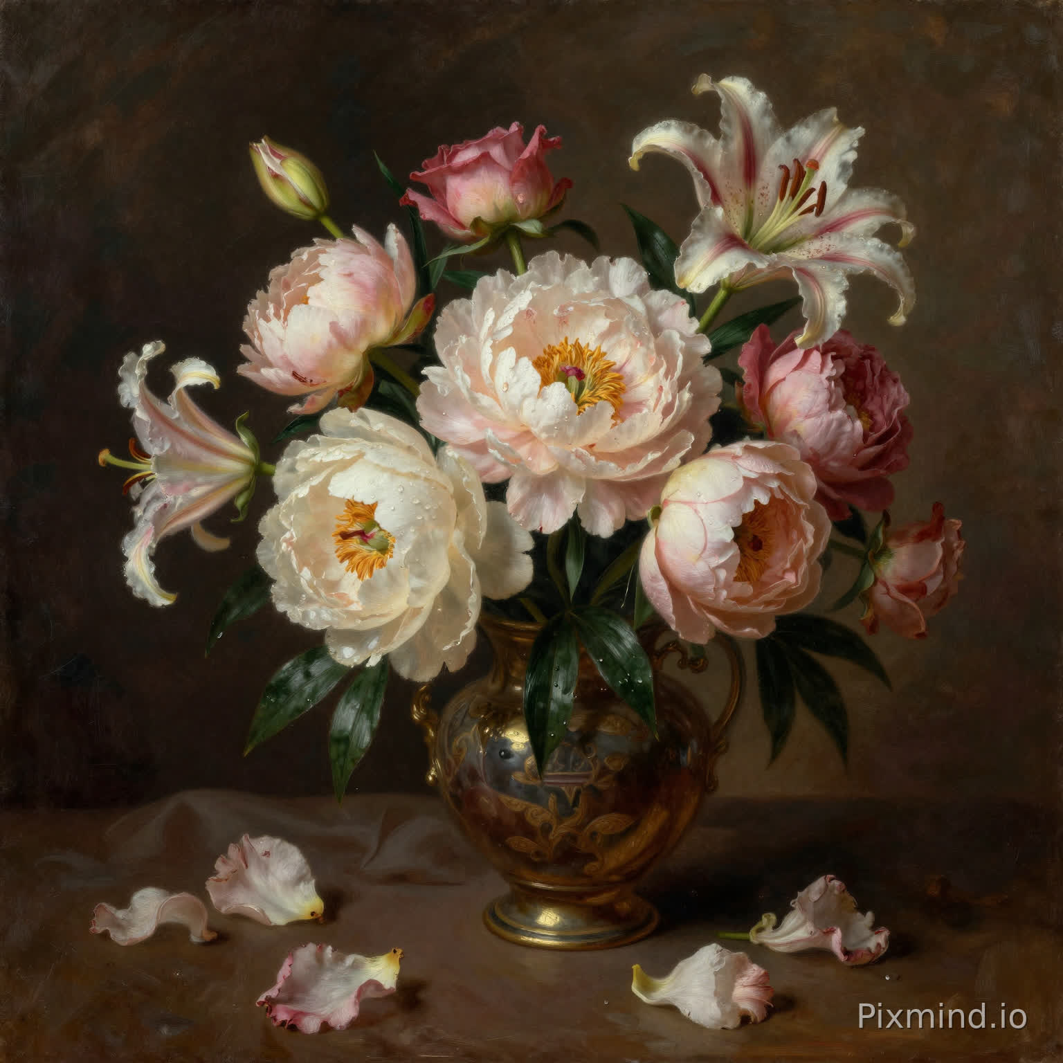 A luxurious classical floral oil painting in a European fine art style,
resembling a museum-quality still life artwork,
balanced centered composition with elegant visual harmony,
dramatic soft lighting from one side creating depth and shadow contrast,
rich warm and deep color palette with refined artistic tones,
featuring detailed elements such as:
a lush bouquet of blooming peonies, roses, and lilies arranged in an antique ceramic vase,
delicate layered petals with visible brushstroke textures,
soft curling petals slightly overlapping and falling naturally,
subtle dew drops and natural imperfections on flowers,
dark textured background enhancing the floral brightness,
gentle light illuminating flower edges creating a glowing effect,
a few scattered petals resting on the surface below,
fine fabric drapery partially visible with soft folds,
slight variation in flower stages (buds, full bloom, fading petals),
ultra high resolution, 8k, extremely detailed, print-ready quality,
high contrast, rich painterly textures, visible oil brush strokes,
museum-quality fine art aesthetic, professional color grading,
No text, no logo, no watermark