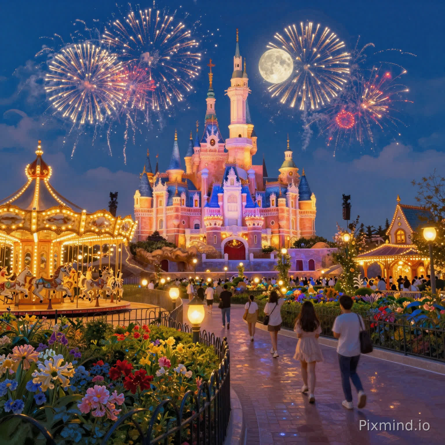 A magical fantasy amusement park at night, featuring a grand illuminated fairy-tale castle in the center, surrounded by a lively crowd celebrating a festival. Colorful fireworks explode across the deep blue sky with a glowing full moon behind soft clouds. On the left, a brightly lit carousel spins with warm golden lights, and on the right, detailed European-style buildings glow with festive decorations.
In the foreground, a winding garden path leads through vibrant flower beds, with lush greenery and decorative lanterns. The scene is full of tiny details: people walking, laughing, taking photos, soft glowing lights, sparkling particles in the air, and reflections on surfaces.
Style: highly detailed digital oil painting, impressionist fantasy style, rich texture, ultra-detailed, vibrant and saturated colors, cinematic lighting, dreamy atmosphere.
Composition: wide-angle view, centered castle composition, strong depth with foreground, midground, and background layers.
Lighting: warm golden lights contrasted with cool blue night sky, dramatic fireworks illumination, glowing effects, soft light bloom.
Resolution: 8K, ultra high detail, perfect for jigsaw puzzle artwork.