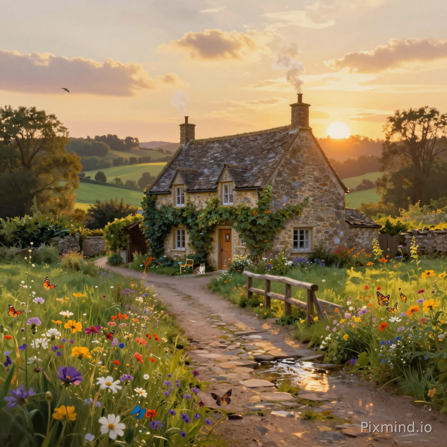 A peaceful and romantic village scene at golden sunset. A charming stone cottage with ivy-covered walls sits beside a winding cobblestone path, surrounded by blooming wildflowers and lush green fields. A small wooden bridge crosses a gently flowing stream reflecting warm sunlight. In the distance, rolling hills and a soft glowing sky with pastel clouds create a dreamy atmosphere.
Add rich environmental details: butterflies flying over flowers, a cat resting near the cottage door, light smoke rising from the chimney, soft sunlight rays filtering through trees, birds in the sky, and subtle texture of brush strokes to enhance realism.
Style: highly detailed digital oil painting, impressionist realism, cozy aesthetic, ultra-detailed, rich textures, soft brush strokes.
Color: warm golden tones mixed with vibrant greens and colorful flowers.
Composition: wide-angle view, centered stone cottage composition, strong depth with foreground, midground, and background layers.
Lighting: golden hour sunlight, warm and soft glow, cinematic lighting, high dynamic range.
Resolution: 8K, ultra high detail, perfect for jigsaw puzzle artwork.
requirement:
Strong visual hierarchy (foreground sharp, background softer)
Clear focal point (main subject occupies ~40–60% of visual weight)
Avoid overly complex or scattered elements
Ensure the image remains clean and easy to recognize even at small thumbnail size
No text, no logo, no watermark
Clean edges, suitable for cropping
Main subject fully visible, not cropped