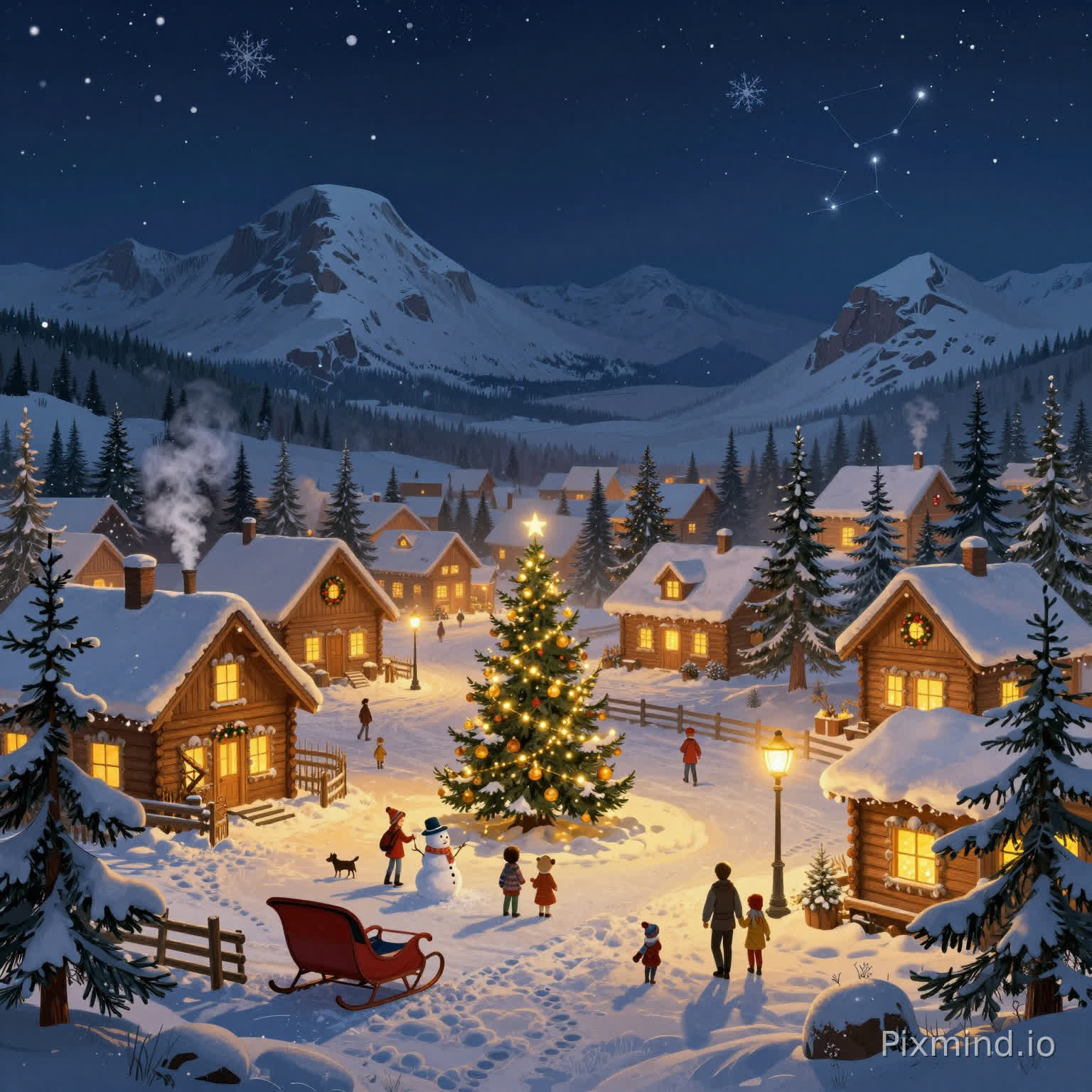"A warm and nostalgic Western illustration style, featuring a charming Christmas village at night. A cozy snow-covered town with wooden cottages glowing from warm yellow lights, surrounded by pine trees covered in fresh snow. A decorated Christmas tree stands in the center of the village square, adorned with golden ornaments and twinkling lights.
Add rich environmental details:
soft snowflakes gently falling from the sky
a small group of children building a snowman with scarves and hats
a red sleigh parked beside a wooden fence
a dog leaving footprints in the snow
smoke rising softly from chimneys
warm light reflecting on icy ground
a couple walking under street lamps holding hands
windows decorated with wreaths and candles
snow mountains with clearly varied peak shapes (sharp, rounded, broken ridges), distinct rock and snow patterns, visible layered depth, and uneven light-shadow contrast to avoid repetitive textures
pine trees with diverse silhouettes and spacing — include tall, short, sparse, dense, slightly bent or irregular trees, with varied snow coverage patterns to avoid repetition
a structured night sky with uneven star distribution, subtle constellation patterns, and varied brightness clusters; include soft gradient transitions and localized light variations to avoid large uniform areas
Style reference: Western festive illustration, cozy storybook style, similar to Thomas Kinkade lighting atmosphere
Color tone: warm golden lights contrasted with cool blue snowy night, high contrast, visually inviting
Composition: wide-angle view, layered depth (foreground snow details, midground village, background mountains and sky)
Lighting: cinematic glow, soft highlights, magical ambiance
Ultra high resolution(8K), extremely detailed, perfect for premium puzzle printing|,avoid repetitive patterns and large uniform areas"