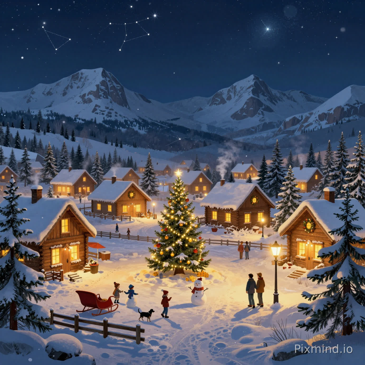 A warm and nostalgic Western illustration style, featuring a charming Christmas village at night. A cozy snow-covered town with wooden cottages glowing from warm yellow lights, surrounded by pine trees covered in fresh snow. A decorated Christmas tree stands in the center of the village square, adorned with golden ornaments and twinkling lights.
Add rich environmental details:
soft snowflakes gently falling from the sky
a small group of children building a snowman with scarves and hats
a red sleigh parked beside a wooden fence
a dog leaving footprints in the snow
smoke rising softly from chimneys
warm light reflecting on icy ground
a couple walking under street lamps holding hands
windows decorated with wreaths and candles
snow mountains with clearly varied peak shapes (sharp, rounded, broken ridges), distinct rock and snow patterns, visible layered depth, and uneven light-shadow contrast to avoid repetitive textures
pine trees with diverse silhouettes and spacing — include tall, short, sparse, dense, slightly bent or irregular trees, with varied snow coverage patterns to avoid repetition
a structured night sky with uneven star distribution, subtle constellation patterns, and varied brightness clusters; include soft gradient transitions and localized light variations to avoid large uniform areas
Style reference: Western festive illustration, cozy storybook style, similar to Thomas Kinkade lighting atmosphere
Color tone: warm golden lights contrasted with cool blue snowy night, high contrast, visually inviting
Composition: wide-angle view, layered depth (foreground snow details, midground village, background mountains and sky)
Lighting: cinematic glow, soft highlights, magical ambiance
Ultra high resolution(8K), extremely detailed, perfect for premium puzzle printing,avoid repetitive patterns and large uniform areas