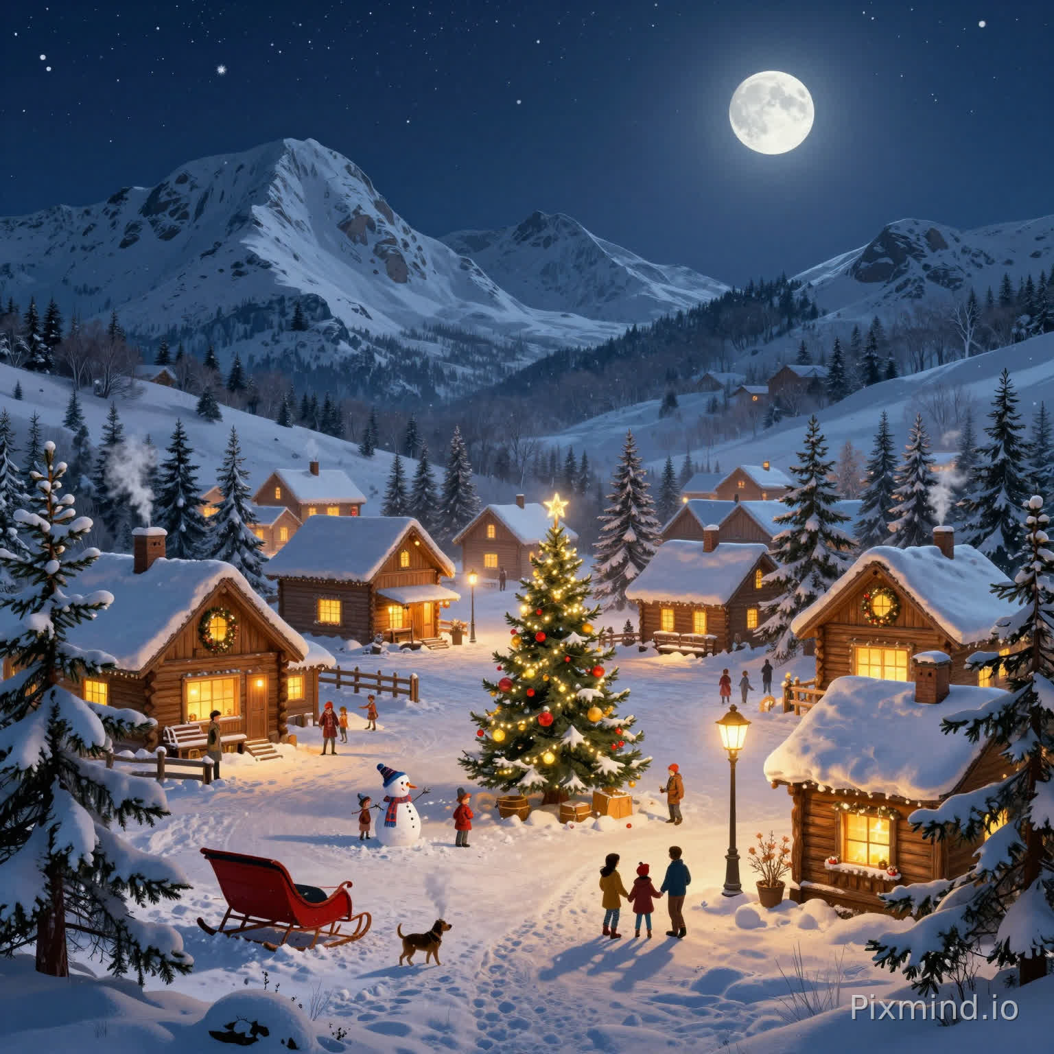 A warm and nostalgic Western illustration style, featuring a charming Christmas village at night. A cozy snow-covered town with wooden cottages glowing from warm yellow lights, surrounded by pine trees covered in fresh snow. A decorated Christmas tree stands in the center of the village square, adorned with golden ornaments and twinkling lights.
Add rich environmental details:
soft snowflakes gently falling from the sky
a small group of children building a snowman with scarves and hats
a red sleigh parked beside a wooden fence
a dog leaving footprints in the snow
smoke rising softly from chimneys
warm light reflecting on icy ground
a couple walking under street lamps holding hands
windows decorated with wreaths and candles
snow mountains with clearly varied peak shapes (sharp, rounded, broken ridges), distinct rock and snow patterns, visible layered depth, and uneven light-shadow contrast to avoid repetitive textures
pine trees with diverse silhouettes and spacing — include tall, short, sparse, dense, slightly bent or irregular trees, with varied snow coverage patterns to avoid repetition
a structured night sky with bright moon and uneven star distribution, include soft gradient transitions and localized light variations to avoid large uniform areas
Style reference: Western festive illustration, cozy storybook style, similar to Thomas Kinkade lighting atmosphere
Color tone: warm golden lights contrasted with cool blue snowy night, high contrast, visually inviting
Composition: wide-angle view, layered depth (foreground snow details, midground village, background mountains and sky)
Lighting: cinematic glow, soft highlights, magical ambiance
Ultra high resolution(8K), extremely detailed, perfect for premium puzzle printing,avoid repetitive patterns and large uniform areas