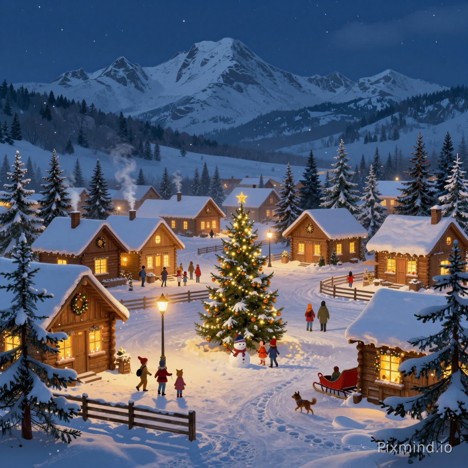 "A warm and nostalgic Western illustration style, featuring a charming Christmas village at night. A cozy snow-covered town with wooden cottages glowing from warm yellow lights, surrounded by pine trees covered in fresh snow. A decorated Christmas tree stands in the center of the village square, adorned with golden ornaments and twinkling lights.
Add rich environmental details:
soft snowflakes gently falling from the sky
a small group of children building a snowman with scarves and hats
a red sleigh parked beside a wooden fence
a dog leaving footprints in the snow
smoke rising softly from chimneys
warm light reflecting on icy ground
a couple walking under street lamps holding hands
windows decorated with wreaths and candles
background is 2-3 snow mountains with distinct rock and snow patterns, visible layered depth, and uneven light-shadow contrast
pine trees with diverse silhouettes and spacing — include tall, short, sparse, dense, irregular trees, with varied snow coverage patterns to avoid repetition
Style reference: Western festive illustration, cozy storybook style, similar to Thomas Kinkade lighting atmosphere
Color tone: warm golden lights contrasted with cool blue snowy night, high contrast, visually inviting
Composition: wide-angle view, layered depth (foreground snow details, midground village, background mountains and sky)
Lighting: cinematic glow, soft highlights, magical ambiance
Key requirement:
Ultra high resolution(8K), Clear focal point (Christmas tree and wooden cottages occupies 40–60% of visual weight),extremely detailed, perfect for premium puzzle printing,avoid repetitive patterns and large uniform areas"