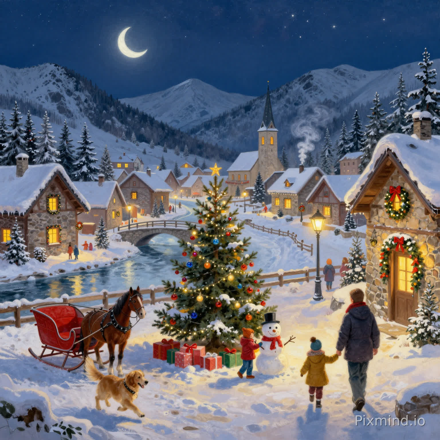 This is a Christmas-themed night oil painting with a warm and rich atmosphere, depicting a snow-covered European Christmas town nestled in a snow-capped mountain valley:
The deep starry sky is dotted with numerous stars, and a crescent moon hangs high in the sky. In the distance are rolling snow-covered mountains, and the town is surrounded by snow-laden coniferous pine forests. Half-timbered stone cottages are scattered in the valley, with thick snow accumulated on roofs and icicles hanging from eaves. Every window leaks out warm yellow light, door eaves are decorated with Christmas wreaths attached with red bows, and wispy white smoke curls up from stone chimneys. A frozen river runs through the town, with a small old stone arch bridge crossing the river, and a stone church with a tall spire can be seen in the central distance.
In the center of the foreground stands a huge Christmas tree fully decorated with colored baubles and light strings, with wrapped Christmas gifts piled under the tree. A group of children are happily decorating the completed snowman together. On the left, a retro red sleigh pulled by a brown horse is parked beside a wooden fence, and a golden retriever is running playfully on the snow. On the right, an adult couple with their backs to the camera are walking hand in hand along the snowy path. The retro street lamps by the road, decorated with Christmas wreaths, glow with warm light. The overall atmosphere is dreamy and warm, full of the happy sense of Christmas festival.