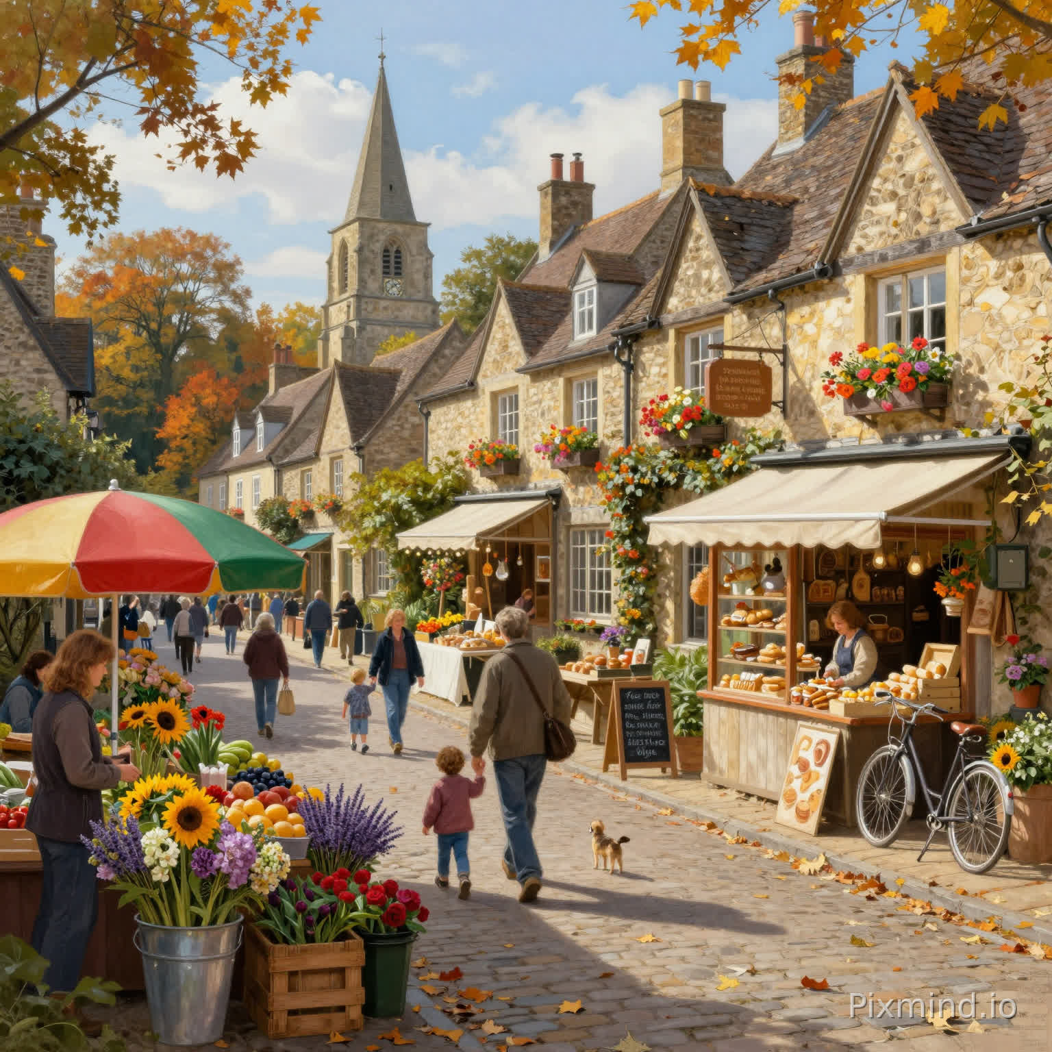 "A highly detailed European countryside village market scene in a warm, nostalgic realistic oil painting style. A charming cobblestone street lined with cozy stone cottages and Tudor-style houses with wooden beams, flower boxes, and ivy-covered walls. A lively open-air market fills the street with colorful stalls selling fresh fruits, vegetables, and handmade goods.
In the foreground, a flower vendor arranging vibrant bouquets of sunflowers, roses, lavender, and hydrangeas in wooden crates and metal buckets. Nearby, a traditional bakery shop displaying freshly baked bread, pastries, and cakes through a large wooden storefront. Families and villagers are walking, shopping, and chatting; a man holding a child’s hand, cyclists passing by, and a small dog wandering freely.
In the background, a tall church tower and clock tower rise above the village, surrounded by autumn trees with golden and orange leaves. Warm sunlight illuminates the entire scene, casting soft shadows and creating a cozy, inviting atmosphere.
Add rich environmental details:
falling autumn leaves scattered on the cobblestone street
colorful market umbrellas in red, green, and yellow
wooden shop signs hanging outside stores
bicycles parked along the street
handwritten chalkboard menus and signs
window flower boxes overflowing with blossoms
soft clouds in a bright blue sky
Style & quality tags:
ultra-detailed, 8k, high resolution, sharp focus, vibrant colors, warm lighting, depth of field, cinematic composition, wide-angle perspective, highly intricate details, puzzle-friendly composition
All the objects and scenes in the picture have clear Outlines
No text, no logo, no watermark"