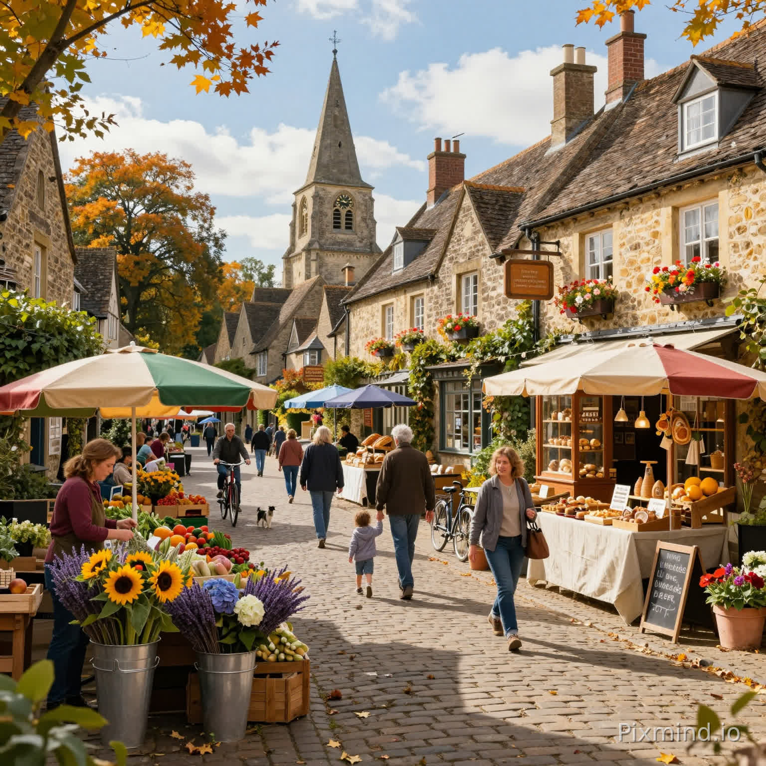 "A highly detailed European countryside village market scene in a warm, nostalgic Retro photography style. A charming cobblestone street lined with cozy stone cottages and Tudor-style houses with wooden beams, flower boxes, and ivy-covered walls. A lively open-air market fills the street with colorful stalls selling fresh fruits, vegetables, and handmade goods.
In the foreground, a flower vendor arranging vibrant bouquets of sunflowers, roses, lavender, and hydrangeas in wooden crates and metal buckets. Nearby, a traditional bakery shop displaying freshly baked bread, pastries, and cakes through a large wooden storefront. Families and villagers are walking, shopping, and chatting; a man holding a child’s hand, cyclists passing by, and a small dog wandering freely.
In the background, a tall church tower and clock tower rise above the village, surrounded by autumn trees with golden and orange leaves. Warm sunlight illuminates the entire scene, casting soft shadows and creating a cozy, inviting atmosphere.
Add rich environmental details:
falling autumn leaves scattered on the cobblestone street
colorful market umbrellas in red, green, and yellow
wooden shop signs hanging outside stores
bicycles parked along the street
handwritten chalkboard menus and signs
window flower boxes overflowing with blossoms
soft clouds in a bright blue sky
Style & quality tags:
ultra-detailed, 8k, high resolution, sharp focus, vibrant colors, warm lighting, depth of field, cinematic composition, wide-angle perspective, highly intricate details, puzzle-friendly composition
All the objects and scenes in the picture have clear Outlines
No text, no logo, no watermark"