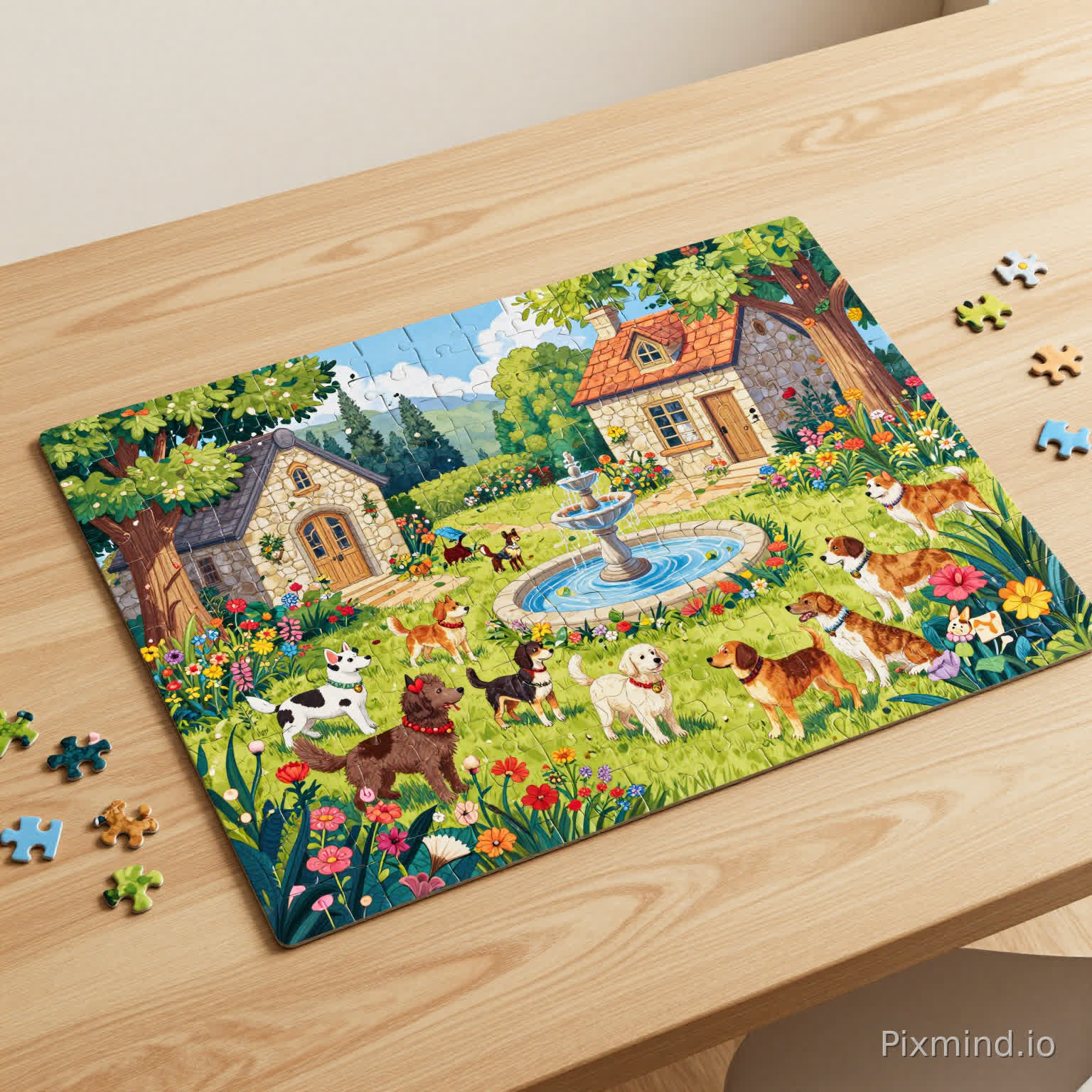 A wide-angle top-down shot of the 1000-piece "Dog Garden Party" puzzle fully assembled on a clean wooden table. The illustration features vibrant colors and intricate details of dogs, a stone cottage, and a fountain. Surrounding the puzzle are a few scattered loose pieces to show the interlocking fit. Bright, natural studio lighting, 8K resolution, professional product photography