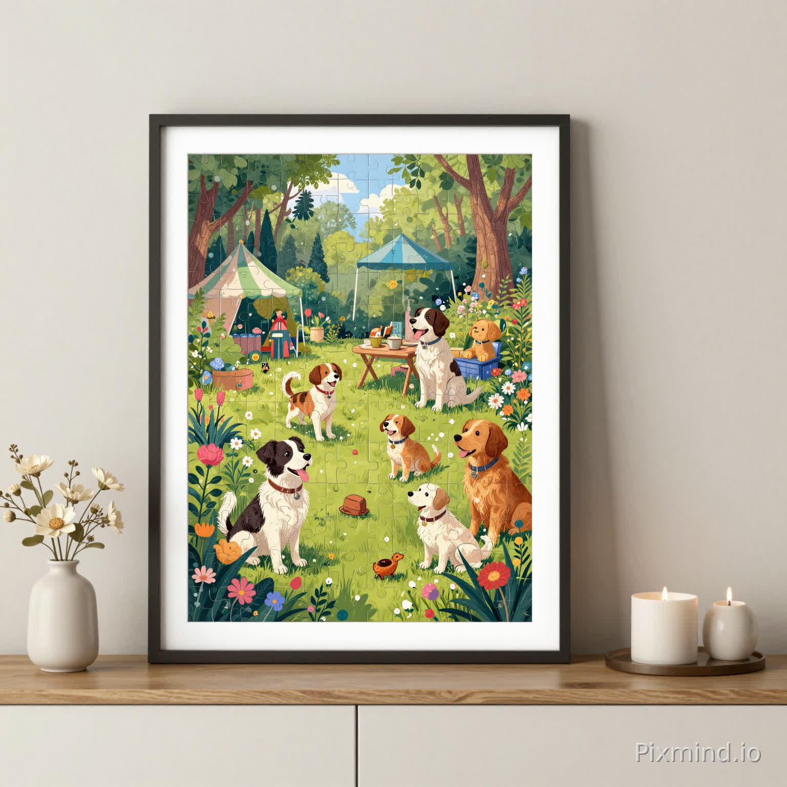 The completed 1000-piece "Dog Garden Party" puzzle (28x20 inches) framed and leaning against a neutral-colored wall on a modern sideboard. Next to it are a small vase of flowers and a decorative candle. This shows the puzzle's final size and its potential as wall art. Elegant home decor aesthetic.
