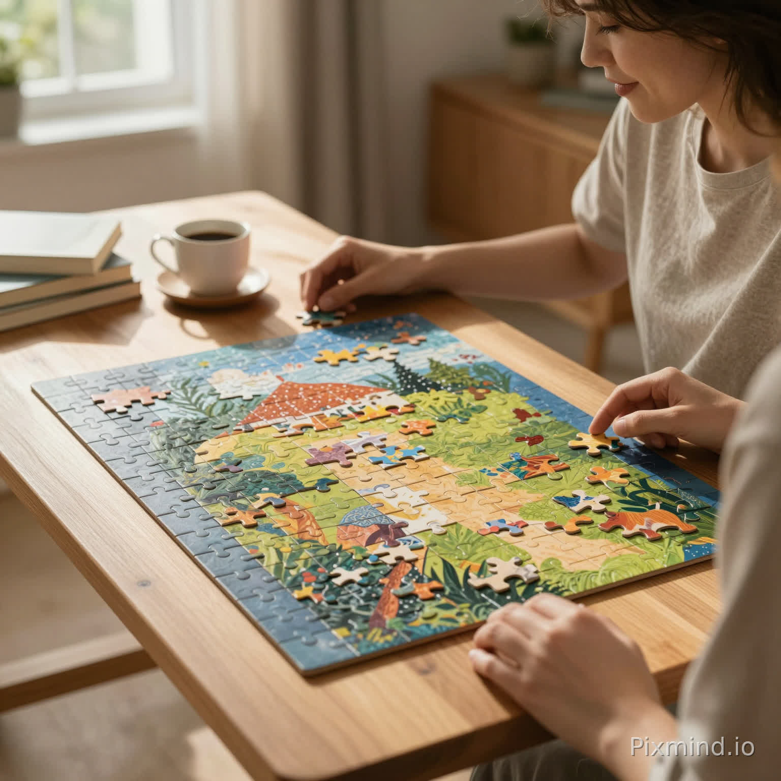 A cozy home environment with a finished jigsaw puzzle displayed on a wooden table, warm sunlight coming through the window, a relaxed adult enjoying the puzzle, coffee and books nearby
style:
lifestyle photography, warm tones, soft shadows, inviting atmosphere
focus:
relaxation, stress relief, cozy hobby time