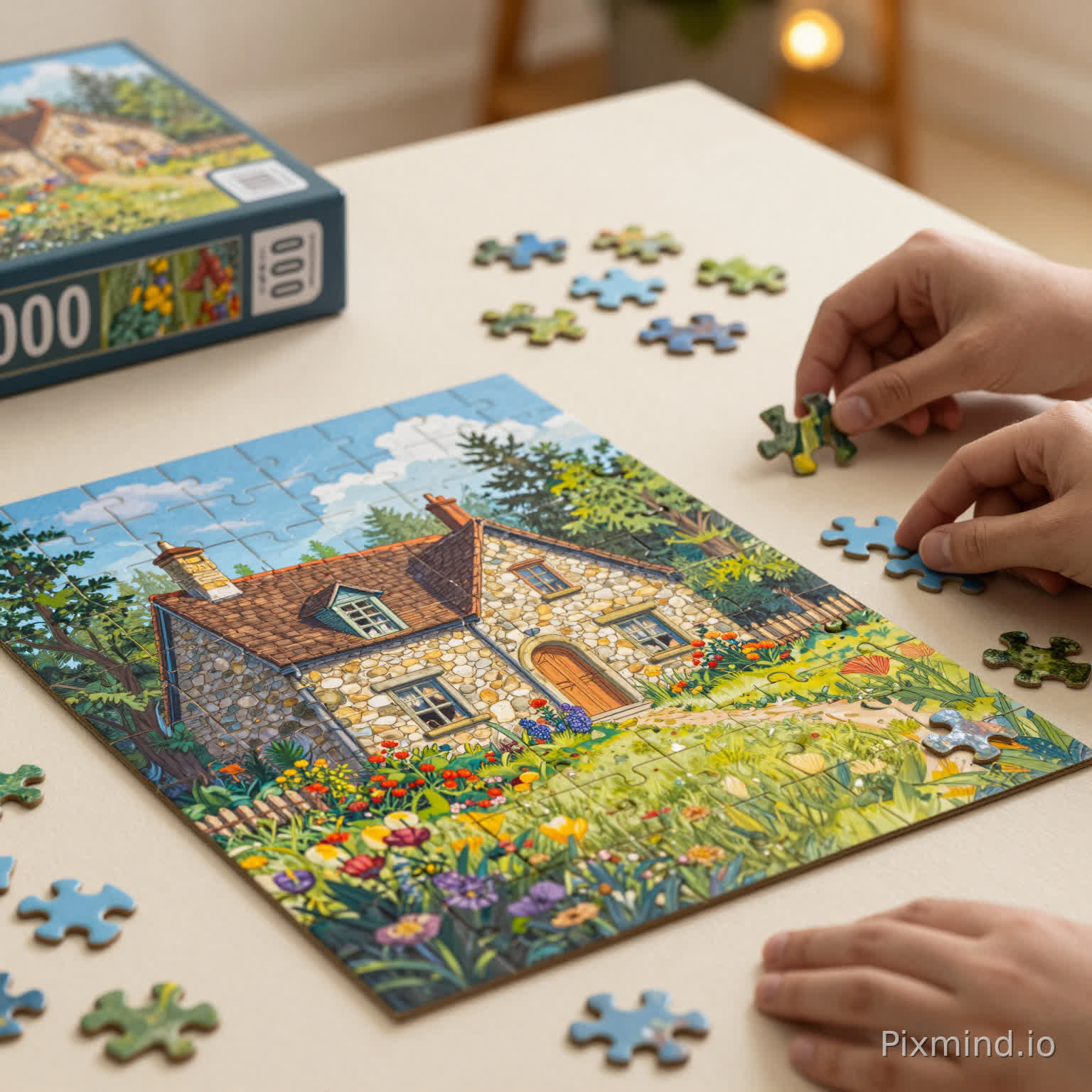 A cozy lifestyle shot of the 1000-piece puzzle being assembled on a large table. One corner is fully completed showing the charming stone cottage, while other areas have scattered pieces. A pair of hands is placing a single piece. Warm ambient lighting, bokeh background, focusing on the high-quality cardboard texture and the vivid fantasy illustration style.