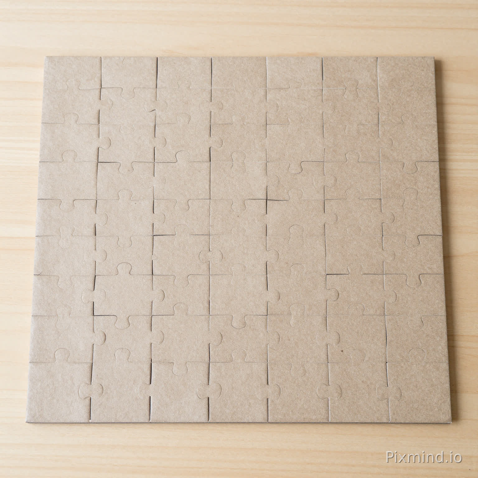 A professional top-down flat-lay shot of a 1000-piece rectangular jigsaw puzzle fully assembled on a clean, light-colored wooden table. The surface of the puzzle shows clear, intricate interlocking cut lines of various shapes (random-cut). The lighting is bright and even, creating soft shadows in the cracks between pieces. No graphics on the puzzle surface (blank canvas), but the shape and texture are clearly that of a high-quality cardboard puzzle. 8K resolution, sharp focus on the puzzle's edge and interlocking texture
