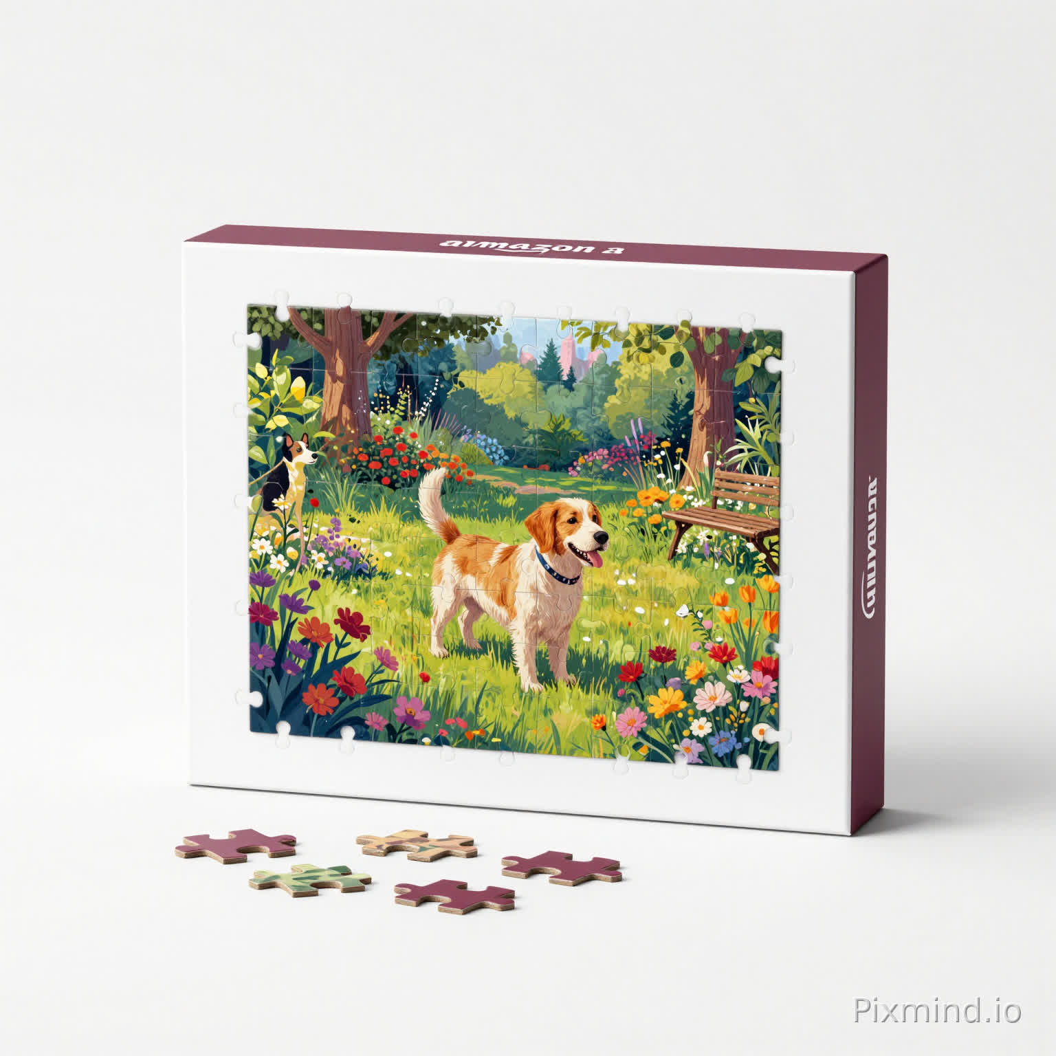A premium Amazon main image for a jigsaw puzzle, clean white background with subtle light burgundy accents
composition:
completed colorful garden dog puzzle
elegant puzzle box with white and light burgundy packaging design
a few scattered puzzle pieces in front
lighting:
soft studio lighting, gentle shadows
style:
ultra realistic product photography, clean, minimal, high-end aesthetic