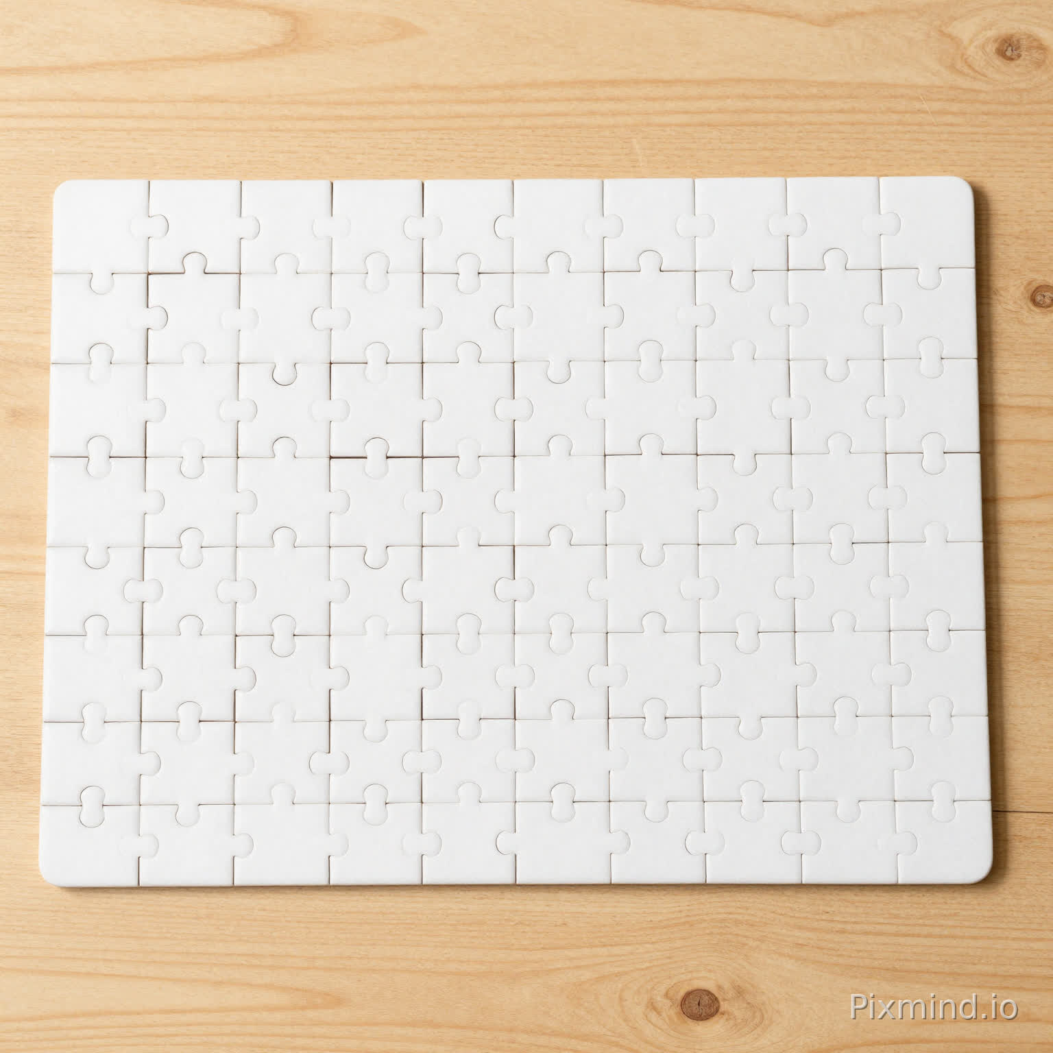 A complete 28x20 inch rectangular jigsaw puzzle laid perfectly flat on a bright, minimalist wooden table. The puzzle features clear, intricate interlocking random-cut piece lines across the entire surface. Natural overhead studio lighting highlighting the puzzle's physical texture. 8k resolution, photorealistic top-down product photography