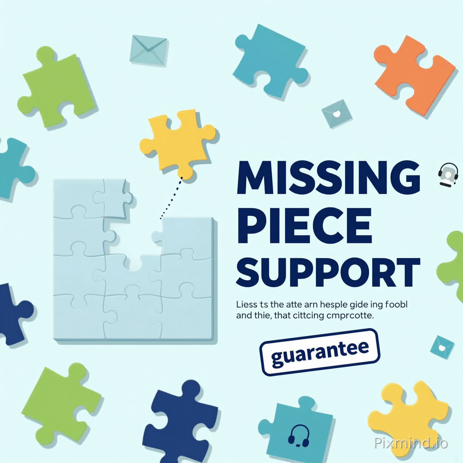 A detailed and unique flat-lay composition vector illustration (clean flat-design, modern style) for an e-commerce banner. Instead of full-body figures, this composition uses only highly detailed, stylized puzzle pieces and a few supporting objects. In the center-left, a large, intricate, semi-assembled puzzle board shows a clear, single empty space. A stylized, slightly larger "golden" single puzzle piece is positioned above the gap, connected by a dotted line. In the center-right, large, clean, modern navy blue sans-serif typography text for the headline "MISSING PIECE SUPPORT", with smaller paragraph text below. At the bottom, a stylish "guarantee" stamp or ribbon. The background features scattered colorful, non-interlocked large puzzle pieces, some flipped over to show color-coding, others interacting with small stylized icons like a mailbox or a customer service headset. A light blue and green color palette, high clarity, and focus on clean lines. Similar elements of missing support, but a totally different narrative structure. No watermark.