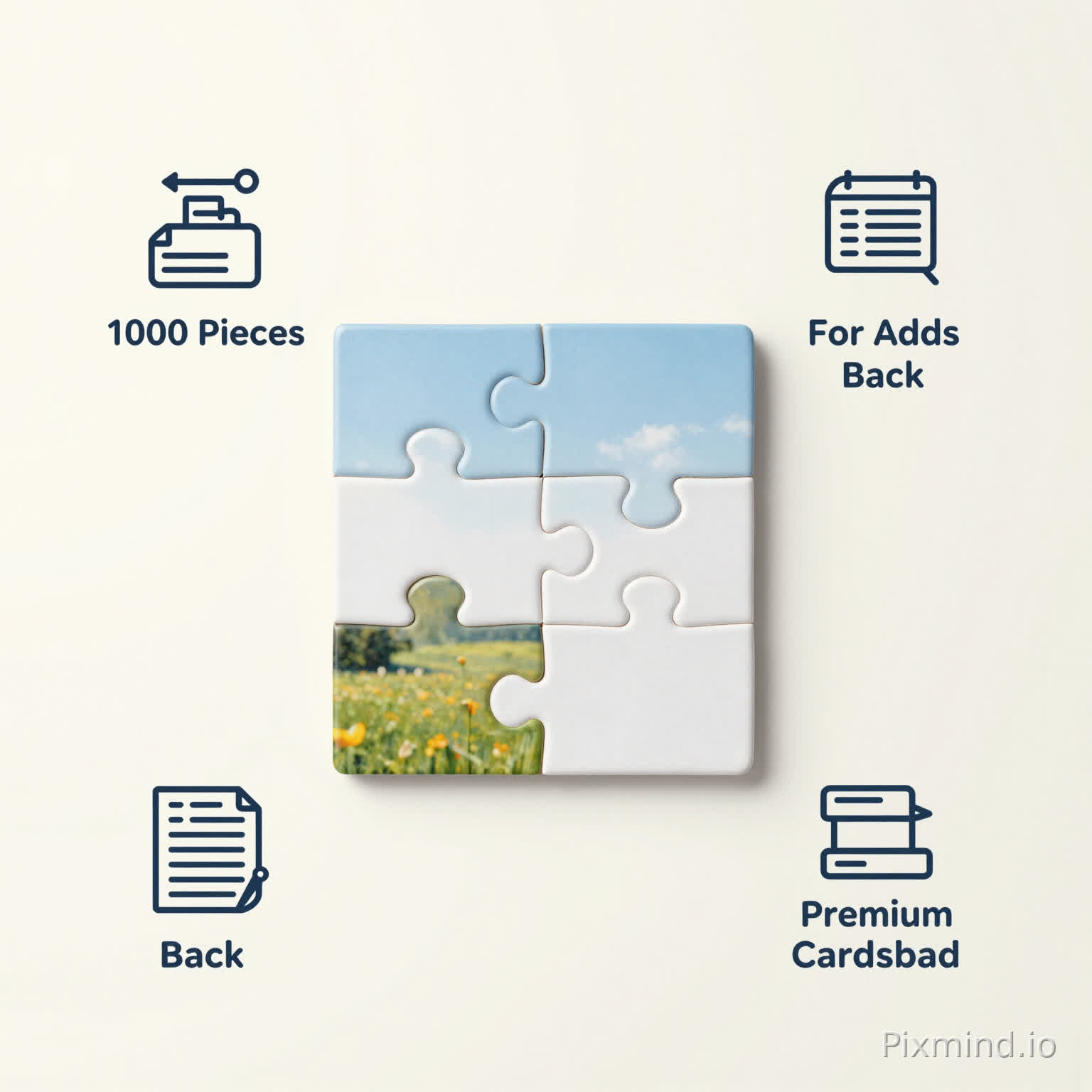 "A clean Amazon infographic product image on a light background
composition:
completed puzzle image as main visual
4 feature icons around it with text:
""1000 Pieces""
""For Adults""
""Color-Coded Back""
""Premium Cardboard""
style:modern infographic style, minimal, clean layout, soft shadows, high readability"