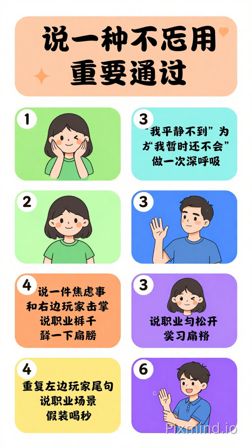 数字 橙色(情绪) 绿色(人际) 蓝色(职业) 紫色(压力)
1 说出今天情绪 叫同学名+微笑 说一个会的技能 做一次深呼吸
2 做平静表情 对人说“谢谢你” 说想学的技能 耸一下肩膀
3 说一件焦虑事 和右边玩家击掌 说职业榜样 闭眼3秒
4 说一种减压法 重复左边玩家尾句 说实习场景 伸懒腰
5 改“我做不到”为“我暂时还不会” 问玩家一个问题 说职业优点 握拳再松开
6 说一件开心小事 对人说“加油” 说专业全称 假装喝水
7 说“没关系,再试试” 点头3次倾听 说职场礼仪 笑一声
