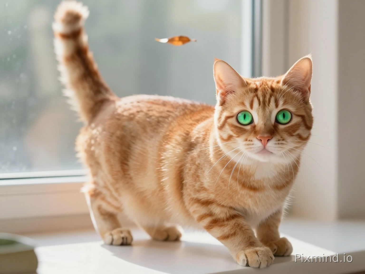 这是一只优雅的猫,拥有柔滑的毛发。她的毛色是温暖的橙色,带有一些细腻的白色斑点,像是晨曦中的阳光洒在她身上。猫咪的眼睛非常明亮,呈现出迷人的绿色,犹如两颗翠绿色的宝石,充满了好奇与灵动。
她的耳朵尖尖的,灵敏地捕捉周围的声音,时不时地微微抖动。猫咪的爪子小巧而灵活,走起路来轻盈无声,像一位优雅的舞者。在安静的午后,她喜欢舒展身体,懒洋洋地卧在窗台上,享受阳光的温暖。
当有动静时,她的尾巴会高高翘起,展现出她的自信与好奇心。无论是轻轻地追逐一片飘落的树叶,还是静静地观察窗外的鸟儿,这只猫总是充满了生气。她时而调皮,时而温柔,仿佛拥有无尽的魅力,让人忍不住想要靠近她,抚摸她那柔软的毛发。