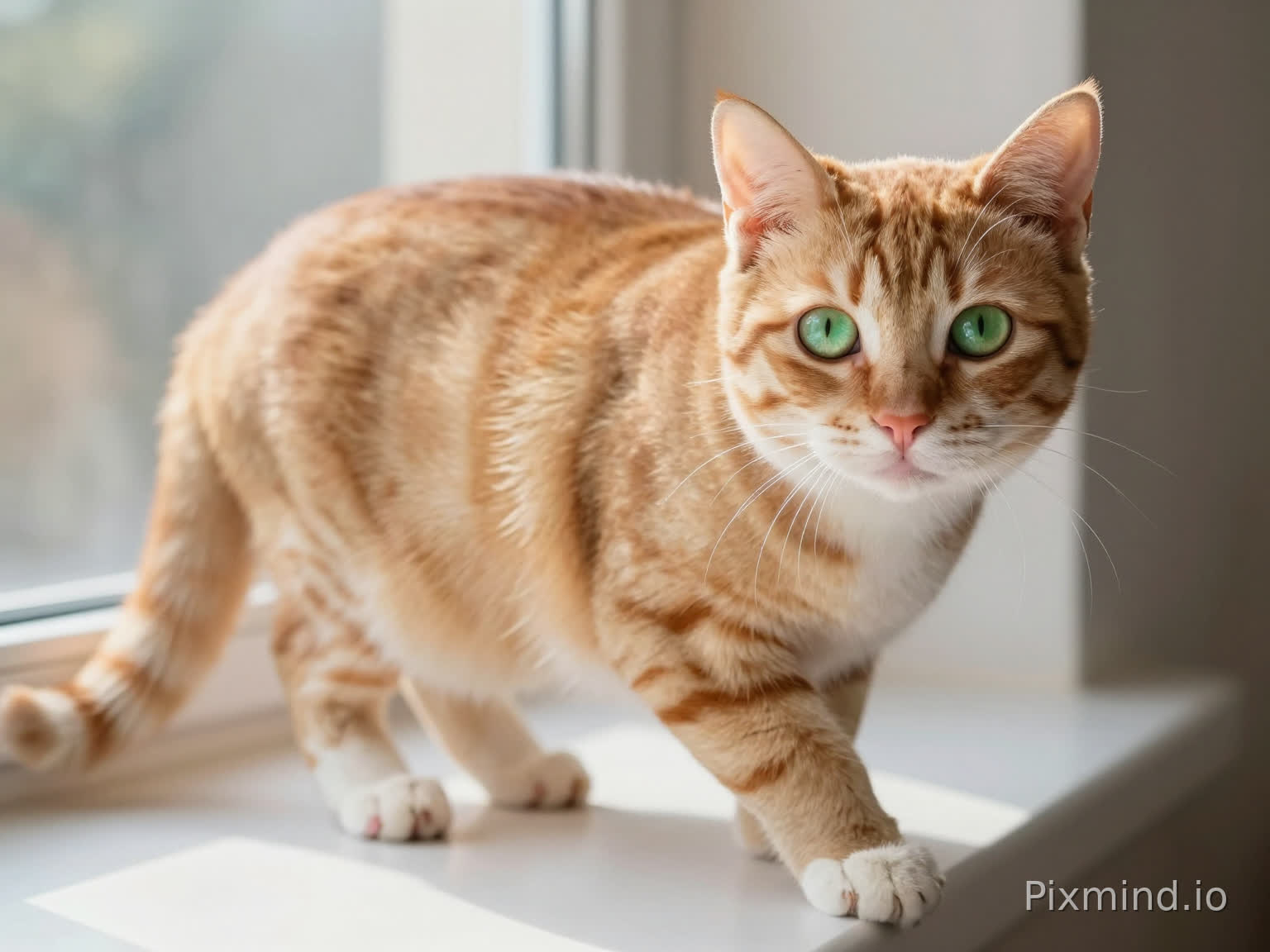 她是一只优雅的猫,毛发柔滑,主色为温暖的橘色,点缀着细腻的白色斑纹,像晨光洒落在皮毛上。两只眼睛清亮而深邃,呈现迷人的翠绿色,目光总是充满好奇与警觉。耳朵尖而灵敏,常常微微转动捕捉四周的声音;尾巴柔软,随着心情轻轻摆动。她走路时步伐轻盈无声,仿佛踩在空气上;喜欢在阳光充足的窗台或床角打盹,偶尔伸个懒腰,露出粉色的小爪垫。对熟悉的人亲近、温柔,但也保留着独立和一点点骄傲,偶尔会用低低的呼噜声或轻轻的蹭头来表达信任与满足。