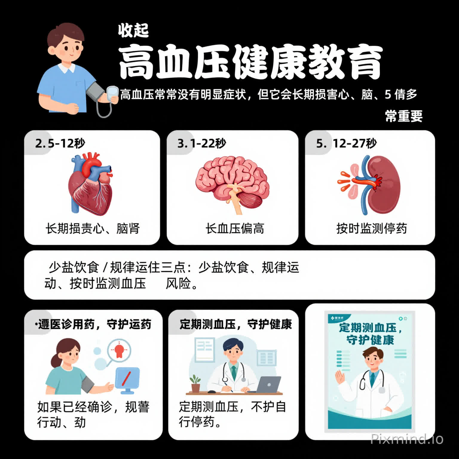 高血压科普视频|分镜表格版
镜头
时长
画面内容
字幕
旁白
1
0–5秒
卡通患者测量血压,标题出现
收起
高血压健康教育
高血压常常没有明显症状,但它会长期损害心、脑、肾。
查看更多
2
5–12秒
心脏、大脑、肾脏图标依次提示
收起
长期损害心、脑、肾
长期血压偏高,可能增加中风、心梗等风险。
3
12–22秒
三项管理措施依次出现:少盐饮食、规律运动、按时监测血压
收起
少盐饮食 / 规律运动 / 按时监测血压
日常管理请记住三点:少盐饮食、规律运动、按时监测血压。
4
22–27秒
医生提醒患者规范用药
收起
遵医嘱用药,不可自行停药
如果已经确诊,请遵医嘱用药,不要自行停药。
5
27–30秒
医院健康海报收尾
收起
定期测血压,守护健康
定期测血压,守护健康。