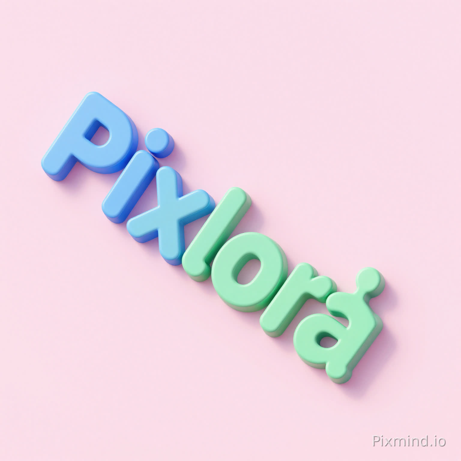 生成一张背景图,底色浅粉色纯色渐变,左侧3D立体艺术字,浅蓝色和浅绿色渐变,内容为Pixlora。字体斜向排版,另外带一块拼图块作为logo,贴住左侧排版,占据总图的30%,右边只需要底色,不添加其他任何内容