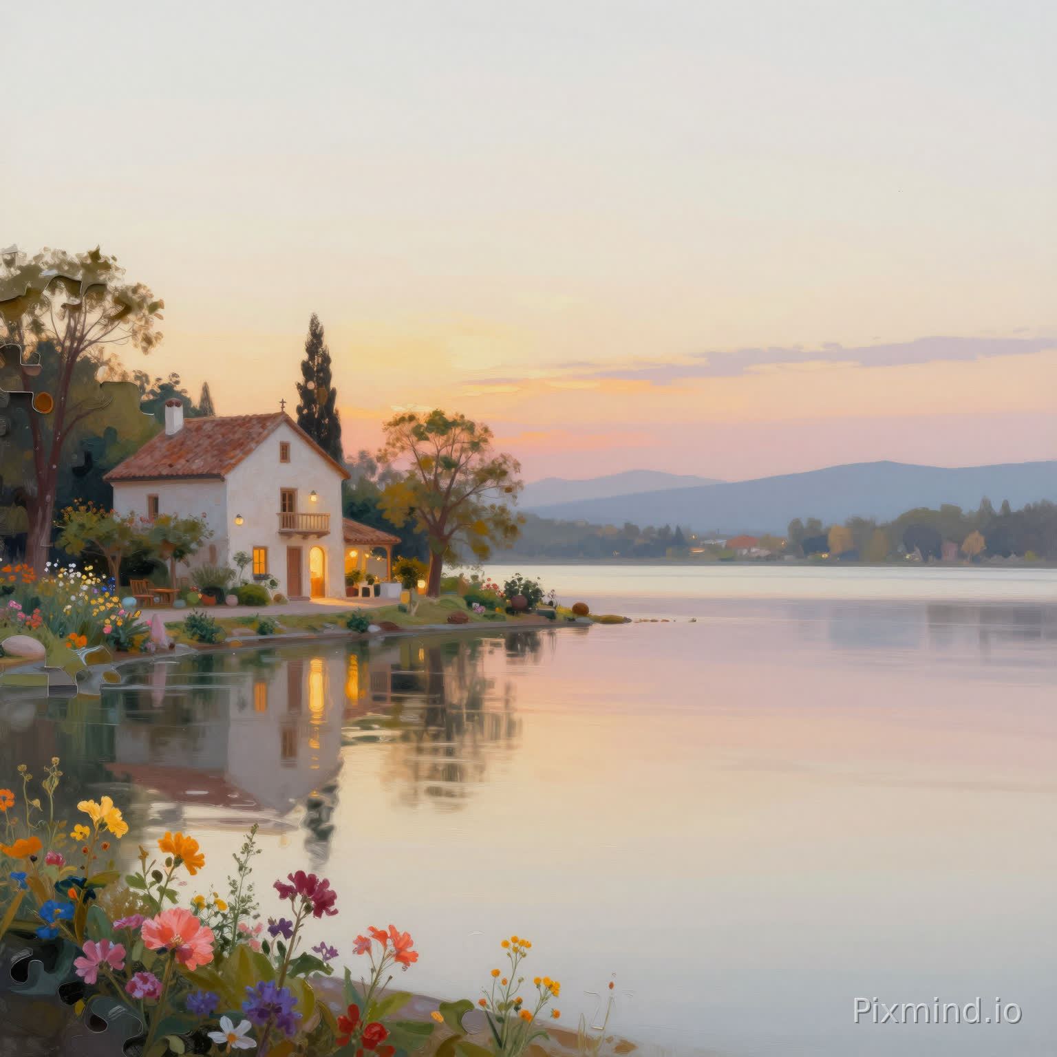 A wide cinematic oil painting style illustration of a peaceful lakeside village at sunset, featuring a cozy Mediterranean-style house on the left side, surrounded by flowers, trees, and soft warm lighting. Puzzle piece shapes subtly integrated into the scene edges.
The left side is highly detailed and vibrant, with rich textures, colorful flowers, and artistic brush strokes. The right side gradually fades into a clean, soft, minimal background with light sky tones and smooth gradients, leaving large empty space for product placement.
No text, no UI, no logos, no frames, no collage, no multiple images.
Soft warm lighting, dreamy atmosphere, high detail, painterly, 8k resolution, balanced composition, clean commercial background, Amazon A+ style layout.