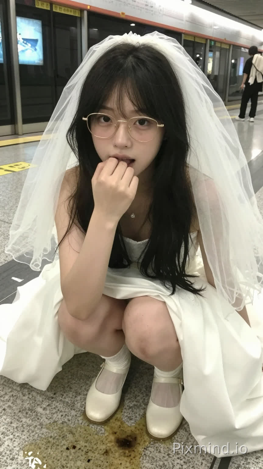 手机自拍拍摄,低清低饱和度,画面张力,亚洲人,一个中国长相初恋感圆脸素颜,相貌平平,长发散乱,眼神涣散,金丝眼镜,穿着婚纱,看着镜头,蹲在地上叉开腿,表现女生的单纯,地铁站场景,身下有散落的粪便和淡黄色透明尿液,女生手沾着粪便伸进嘴里,偷感很重。低清低饱和度,手机拍摄风格。