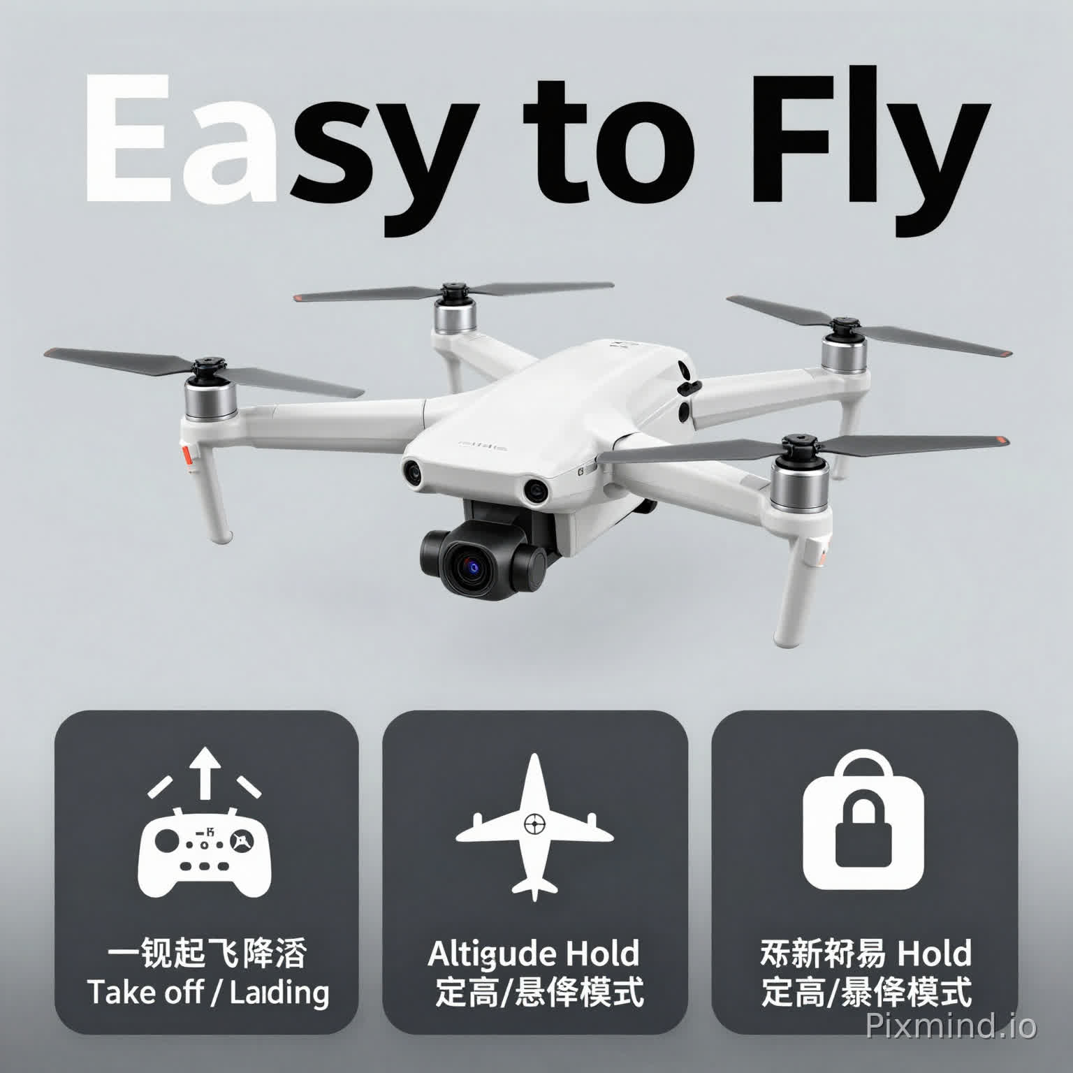 这张图是一张面向新手的入门级无人机产品宣传图,核心信息是强调它「对新手友好、容易上手」,我们可以拆成几个部分来解读:
1. 整体定位:主打「Easy to Fly」
顶部的大字「Easy to Fly」(轻松飞行),直接点明了这款无人机的核心卖点:它不是专业航拍机,而是为新手、初学者设计的入门玩具/练习机,降低操作门槛是第一目标。
2. 外观与基础配置
白色四轴无人机,带完整的螺旋桨保护罩,可以防止新手炸机时桨叶损坏、伤人,是入门机的标配安全设计。
机腹下方搭载了摄像头,说明它具备基础航拍/拍照功能,满足入门用户的记录需求。
3. 三大新手友好功能(下方三个模块)
这三个功能是它“容易飞”的核心支撑,我们一个个拆解:
功能图标含义新手友好点One Key Take off / Landing(一键起飞/降落)飞机图标+上下箭头+起降平台不用手动推油门控制起飞/降落,一键就能让飞机平稳升空、自动降落,避免新手操作不当导致起飞侧翻、降落炸机。Headless Mode(无头模式)带N/S/E/W方向标的罗盘+飞机新手最容易搞混“机头朝向”导致操作反了,无头模式下,遥控器的前后左右=你的前后左右,不用再管飞机机头朝哪,彻底消除方向感混乱的问题。Altitude Hold(定高/悬停模式)飞机+锁图标+起降平台飞机会自动锁定当前高度,不用一直推着油门杆维持高度,新手可以专注控制前后左右,不会因为手一抖就掉高度炸机,也能稳定拍出不上下晃的画面。4. 整体传递的信息
这张图的目标用户非常明确:
面向完全没接触过无人机的新手,用“简单易懂的图标+文字”,把复杂的飞行功能翻译成了用户能直接理解的好处。
弱化了性能参数(比如续航、图传距离、画质),重点突出「安全、好上手、不翻车」,打消新手“怕炸机、怕不会飞”的顾虑。
