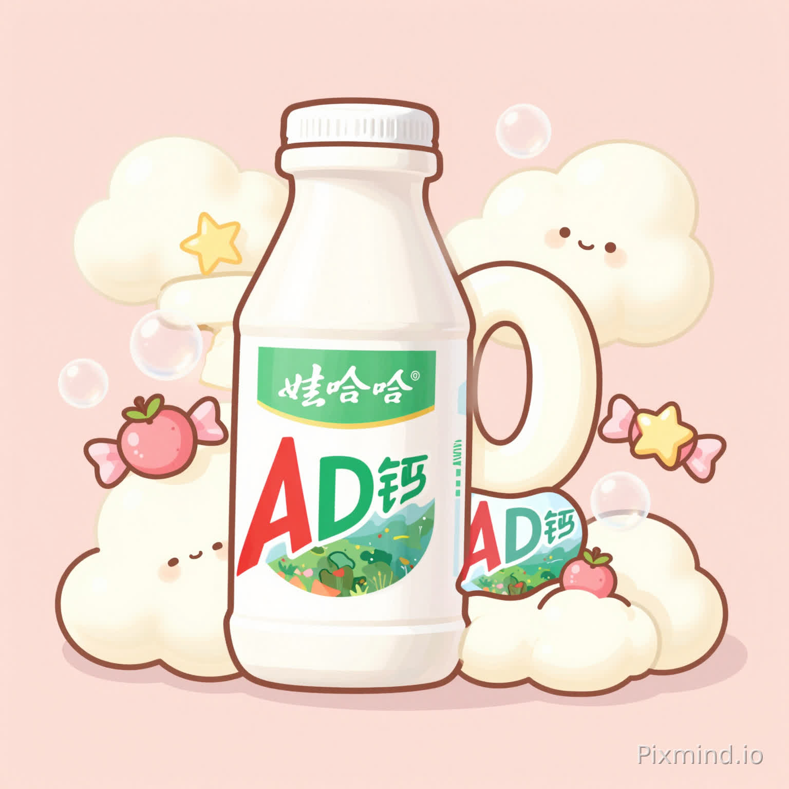 大广赛包装设计,娃哈哈AD钙奶30周年主题,软萌Q版手绘治愈插画,圆润流畅手绘线条,拟人化可爱AD钙奶奶瓶卡通形象,奶油云朵、透明奶白气泡、星星糖果、粉嫩小水果点缀,圆润奶油风30周年艺术字,低饱和马卡龙配色,奶白色、浅粉、奶蓝色,温柔治愈,少女感满满,ins潮流可爱风,构图居中平衡,瓶身标签主画面,干净留白,柔和光影,手绘肌理,高清,适合印刷,极简甜美,无杂乱元素