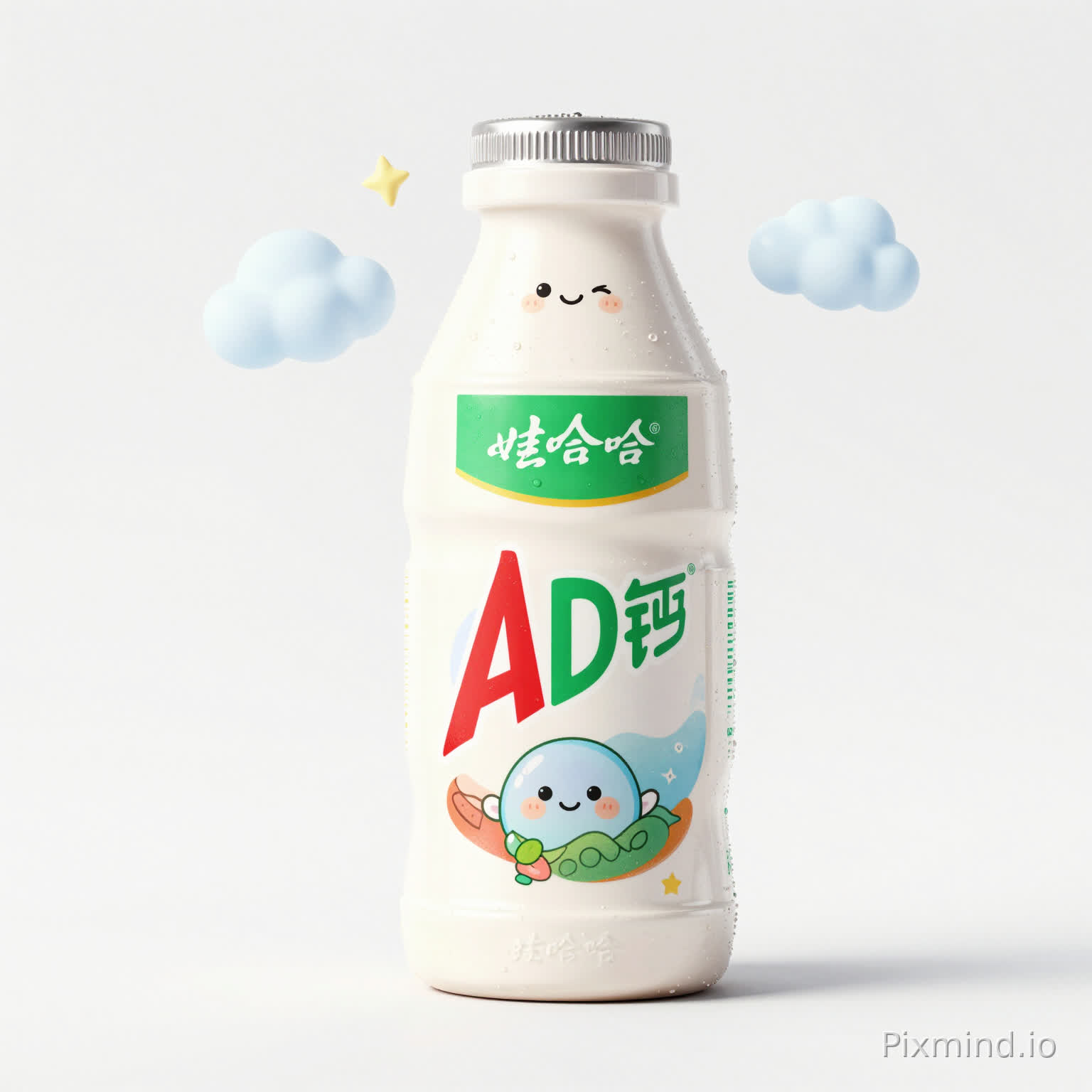 娃哈哈AD钙奶完整瓶身包装设计,30周年纪念款,软萌Q版手绘插画风,圆润卡通元素,云朵气泡星星装饰,可爱拟人小奶瓶,奶油质感纹理,三十周年卡通字体,温柔马卡龙浅色系,治愈清新,年轻化潮流审美,酸甜元气氛围,商业饮品包装,立体瓶身展示,纯白简约背景,高清细节,大广赛参赛作品