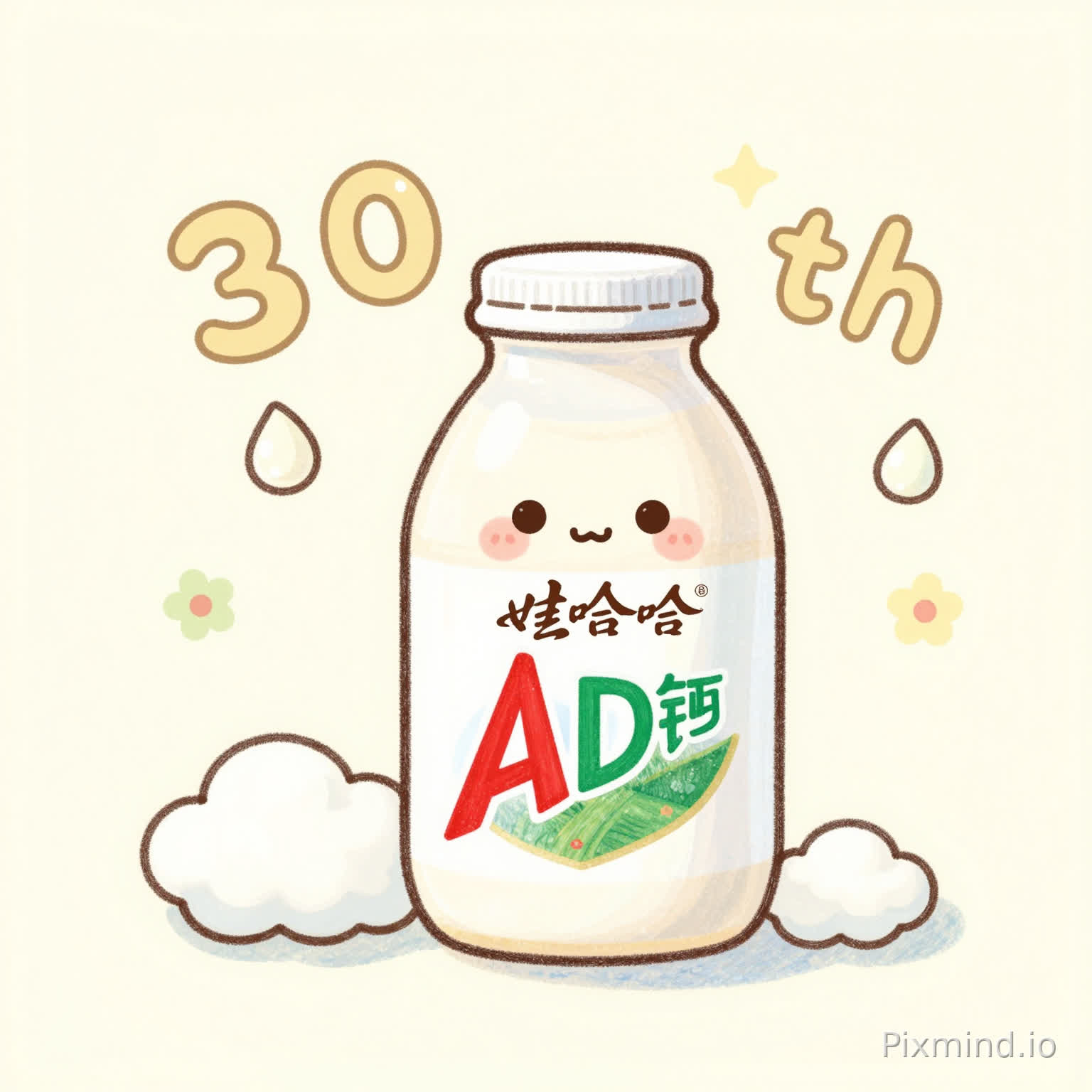 治愈系手绘肌理插画,娃哈哈AD钙奶三十周年包装,Q版软萌画风,柔和铅笔手绘质感,低对比度奶油色调,可爱小奶瓶、奶滴、软云、小碎花元素,童趣温柔,线条软糯,30th圆润可爱艺术字,日系清新甜美风,青春治愈,适合食品饮品包装,简约高级,柔和暖光,无多余杂物