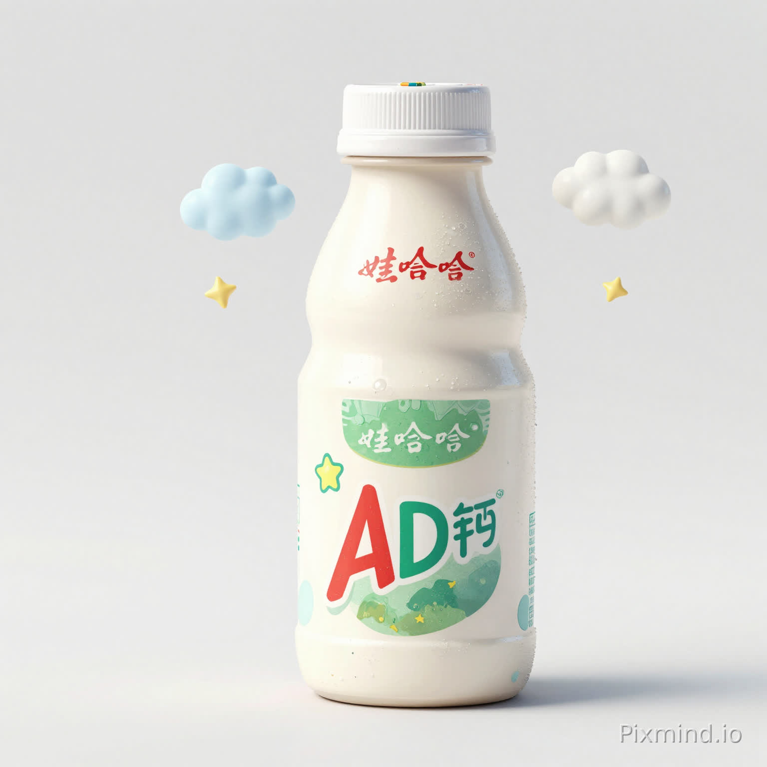娃哈哈AD钙奶完整瓶身包装设计,30周年纪念款,软萌Q版手绘插画风,圆润卡通元素,云朵气泡星星装饰,可爱拟人小奶瓶,奶油质感纹理,三十周年卡通字体,温柔马卡龙浅色系,治愈清新,年轻化潮流审美,酸甜元气氛围,商业饮品包装,立体瓶身展示,纯白简约背景,高清细节,大广赛参赛作品