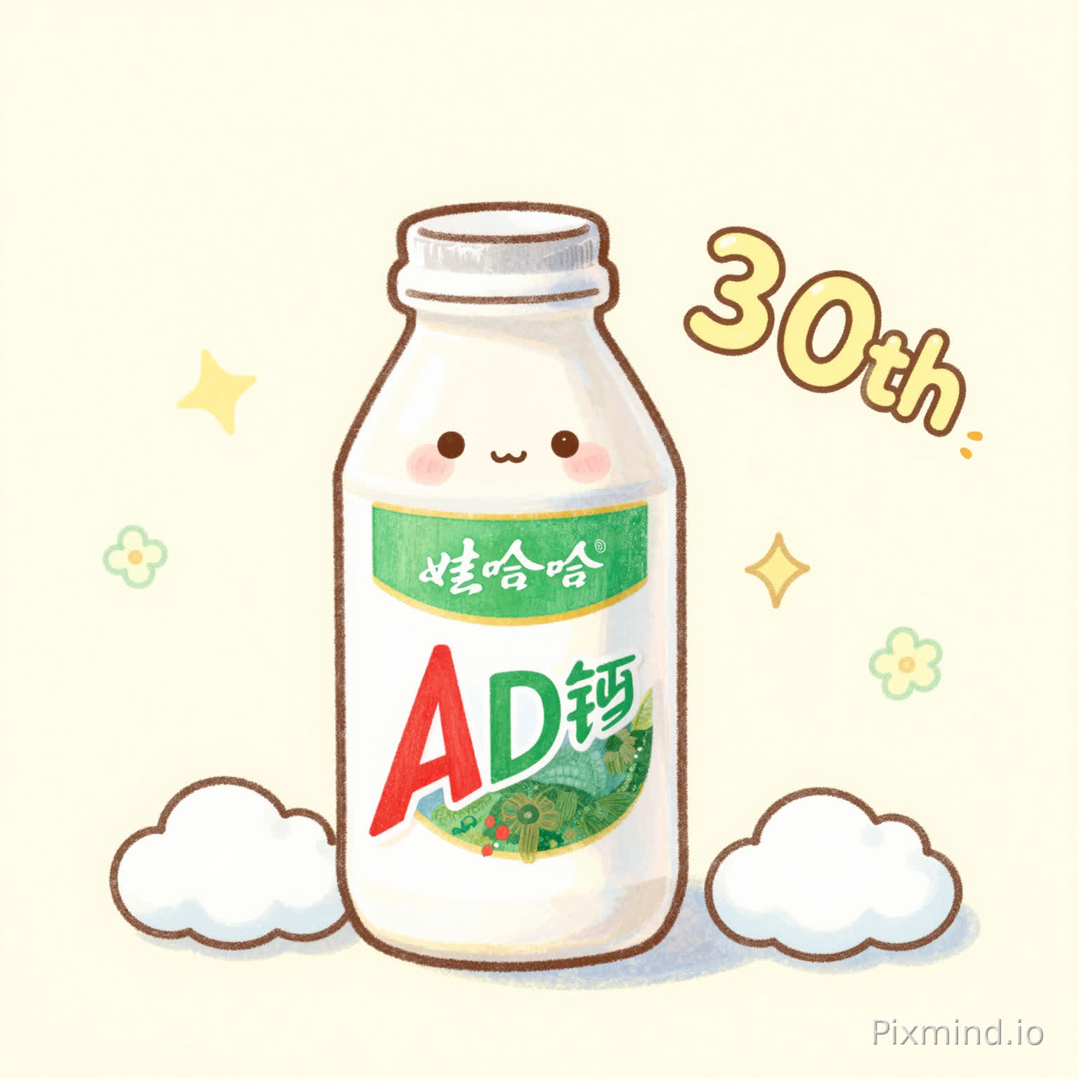 治愈系手绘肌理插画,娃哈哈AD钙奶三十周年包装,Q版软萌画风,柔和铅笔手绘质感,低对比度奶油色调,可爱小奶瓶、奶滴、软云、小碎花元素,童趣温柔,线条软糯,30th圆润可爱艺术字,日系清新甜美风,青春治愈,适合食品饮品包装,简约高级,柔和暖光,无多余杂物