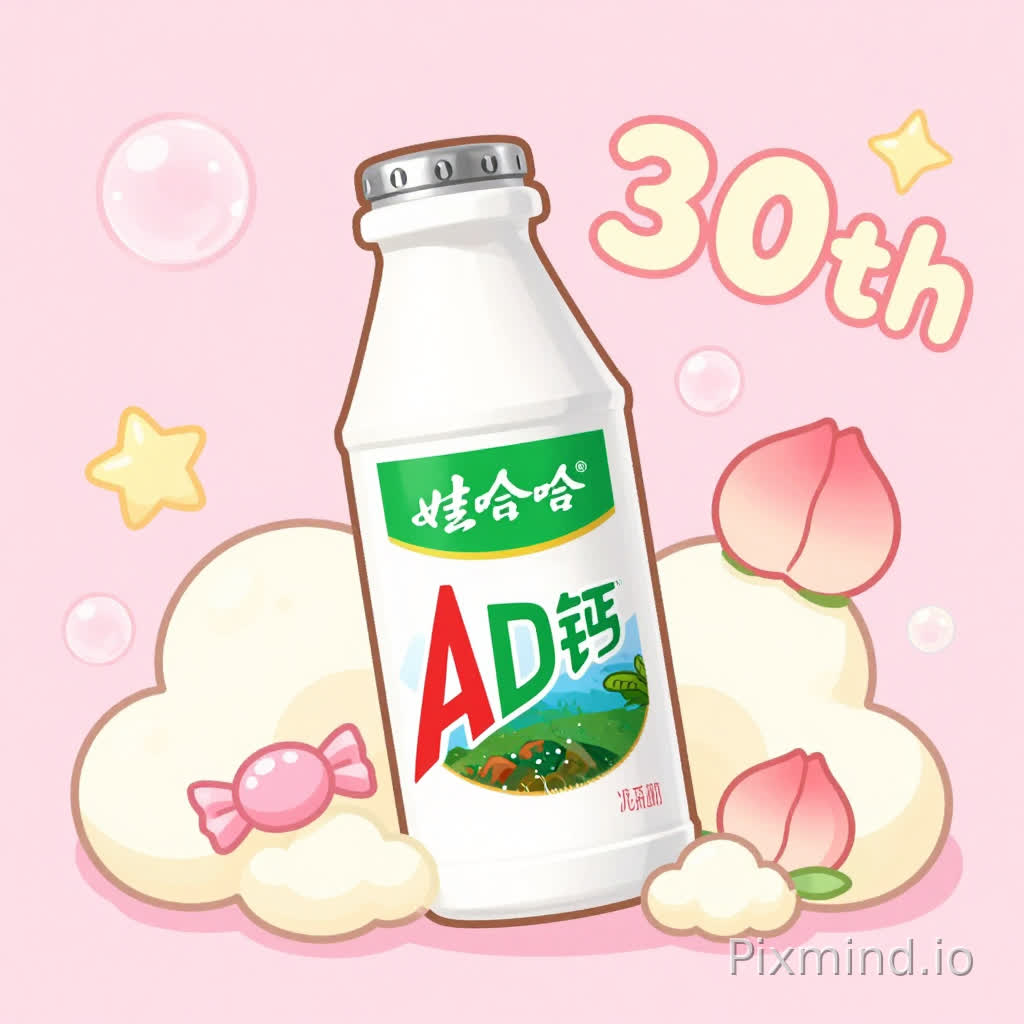 大广赛娃哈哈AD钙奶30周年包装设计,软萌Q版治愈插画风格,真实的娃哈哈AD钙奶瓶身,保留完整品牌LOGO和“AD钙奶”字样,瓶身周围环绕奶油云朵、透明气泡、星星糖果和粉桃装饰,画面右上角是圆润可爱的奶油风“30th”周年艺术字,浅粉色背景,低饱和马卡龙配色,线条柔和圆润,整体氛围可爱治愈,ins潮流风,瓶身不做拟人化脸,插画作为装饰元素,高清细节,适合作为瓶贴主视觉插画,印刷质感