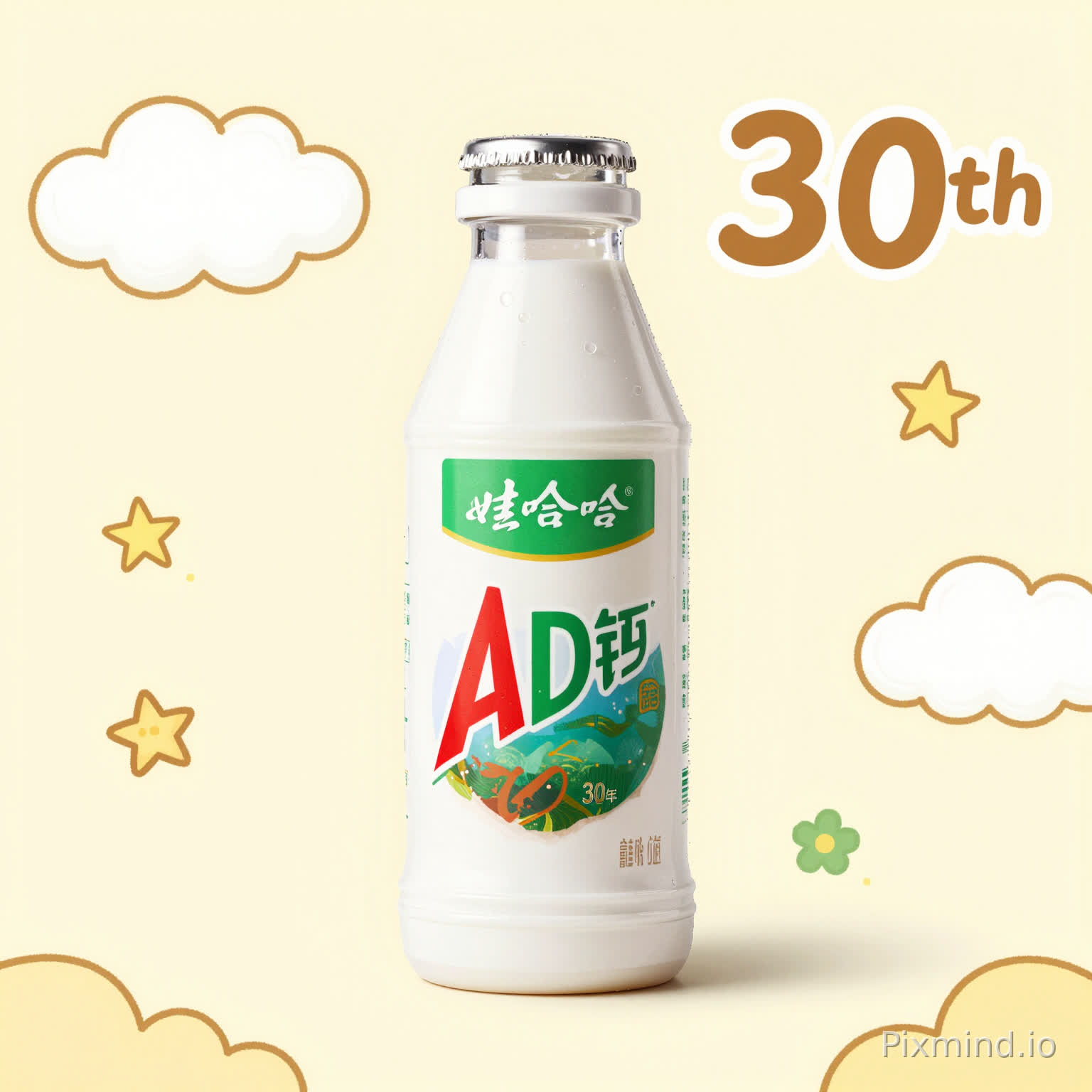 娃哈哈AD钙奶30周年纪念款瓶身包装效果图,真实的透明瓶身+白色AD钙奶液体,瓶身标签完整保留娃哈哈LOGO,标签上加入小小的“30周年”纪念标识,背景是浅米黄色,搭配手绘质感的云朵、星星和小花朵装饰,整体是治愈系手绘插画风格,线条柔和,色彩温暖,画面中心突出瓶身,右上角有清晰的“30th”圆润字体,无拟人化瓶身,高清渲染,大广赛参赛作品,商业饮品包装设计