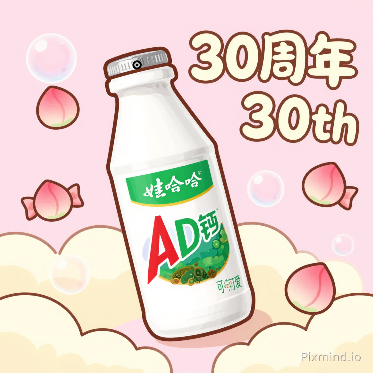 大广赛娃哈哈AD钙奶30周年包装插画,主题「陪你酸酸甜甜,懂你可可爱爱」,软萌治愈Q版手绘风格,保留完整的娃哈哈AD钙奶瓶身和LOGO,瓶身标签信息清晰。背景是浅粉色,周围环绕奶油云朵、透明气泡、粉桃糖果装饰,画面右上角是圆润可爱的奶油风“30周年”或“30th”艺术字,整体是低饱和马卡龙配色,线条柔和圆润,无拟人化瓶身,画面突出瓶身和30周年标识,适合作为瓶贴主视觉,高清印刷质感,符合年轻潮流审美。
