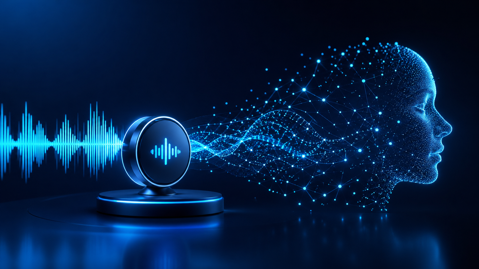 Futuristic AI text-to-speech technology illustration, sound waves transforming into text characters, neural network visualization, holographic audio waveform, dark blue and cyan color scheme, tech product banner, clean modern minimalist design, digital sound particles floating, professional product showcase, no text no words no letters