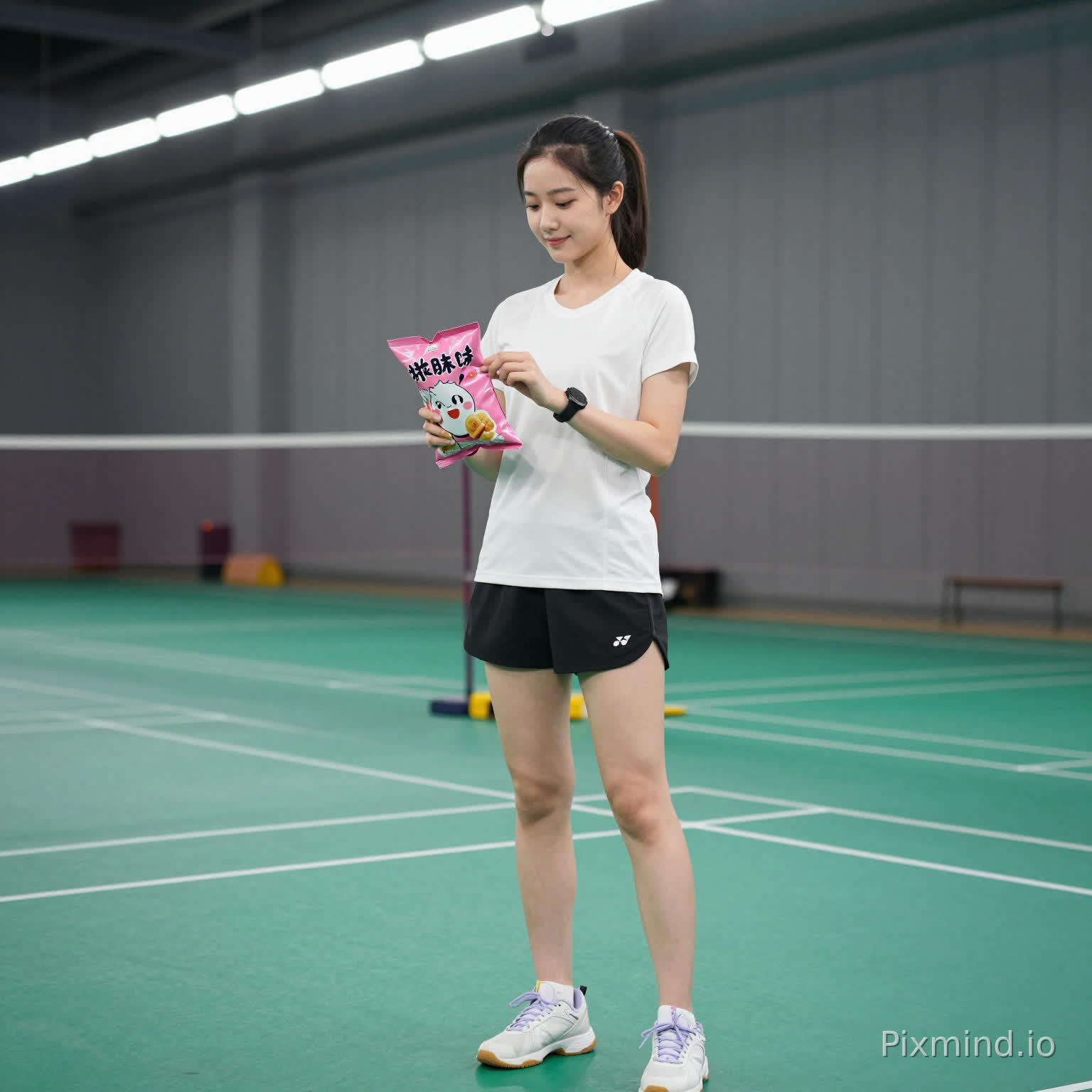 masterpiece, best quality, ultra-detailed, photorealistic, 1girl, solo, full body shot, standing in indoor badminton court, young East Asian woman, gentle smile, hair tied back, white short-sleeve sports t-shirt, black athletic shorts, white sneakers with light purple laces, black watch on wrist, holding pink cartoon snack bag in left hand, right hand raised to pat the bag, green badminton court floor, spacious indoor sports hall background, high ceiling with overhead lights, grey pleated curtains, padded safety pillar, soft even indoor lighting, natural skin texture, sharp focus on subject, shallow depth of field, cinematic composition