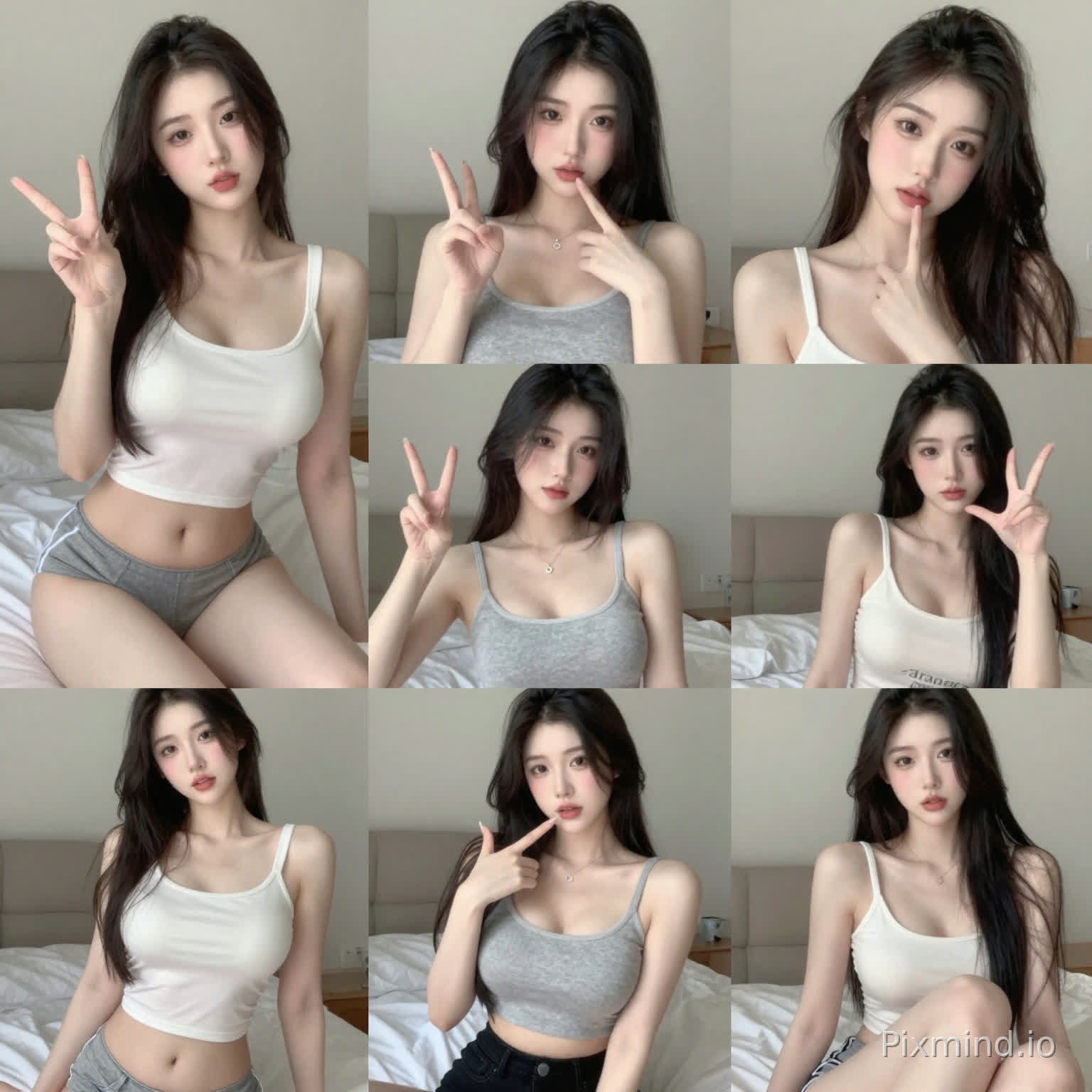 帮我生成图片:帮我生成图片:生成十张,ins风,苹果手机拍摄,亚洲ins网红在卧室,冷白皮,随机动作表情,普通手机快照,随机撩人动作,随机饰品,大胸尺,手呈自然姿态比耶,大胆展示身材,人物随机姿势且双腿大幅度打开,使用低角度仰拍,大胆展示胸的顶端清晰细节,私细节完美,自然光线,看向镜头,低饱和,完美构图,日常环境,自然景深。比例 9:16。