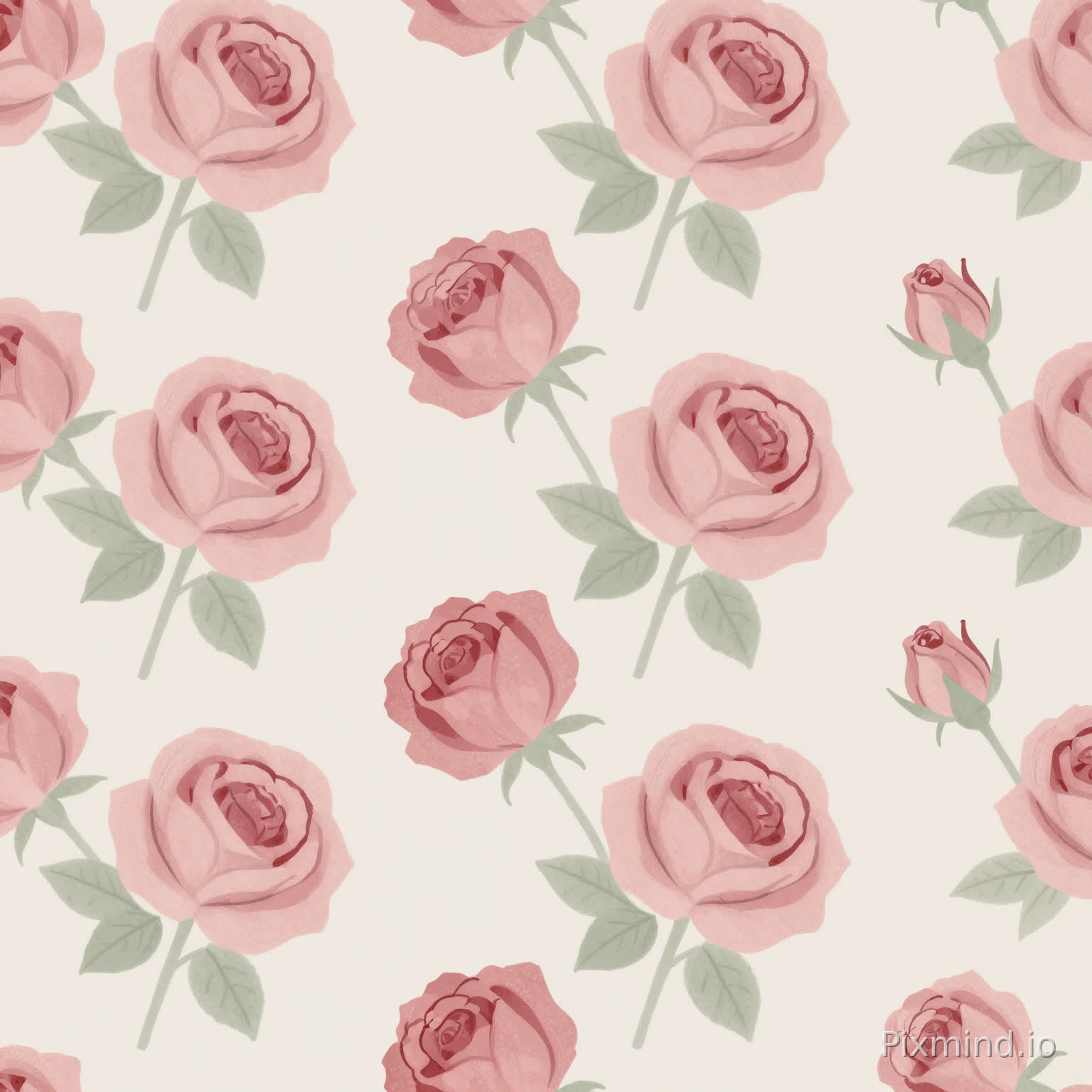 Soft muted-toned Mackintosh rose pattern, blush pink and dusty red stylized roses with sage green leaves, delicate thin black outlines, misty off-white base, low-contrast color palette, subtle vintage Art Nouveau charm, flat vector illustration, seamless tile for home decor, no shadows, 2D print-ready design.
