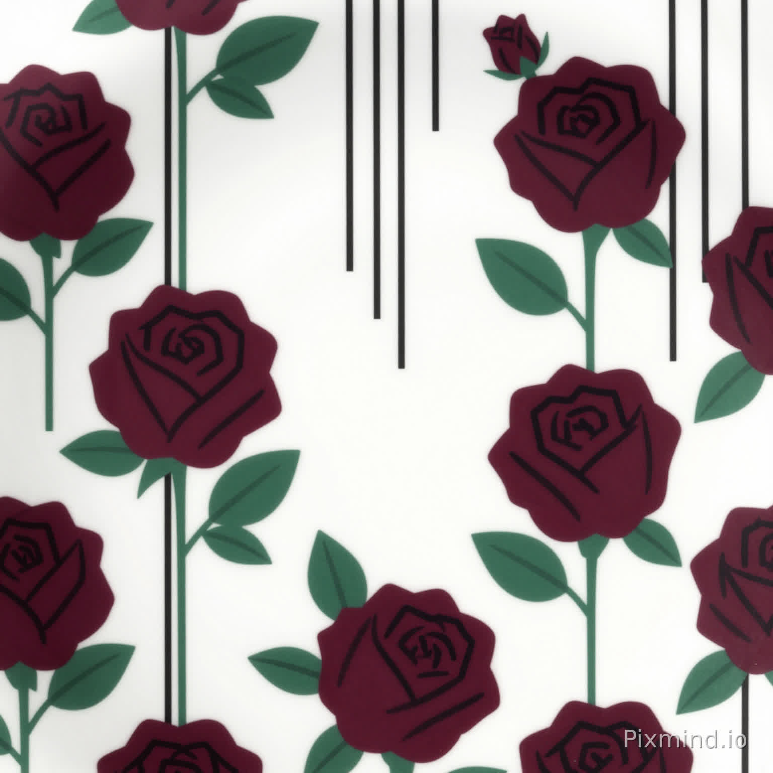 Modern geometric Mackintosh rose motif, deep burgundy roses with thick black outlines, paired with matte black vertical line accents, emerald green leaves, on a crisp white background, bold contrast, minimalist Art Deco fusion, flat 2D design, seamless repeating pattern, high-impact tableware print, no gradients.