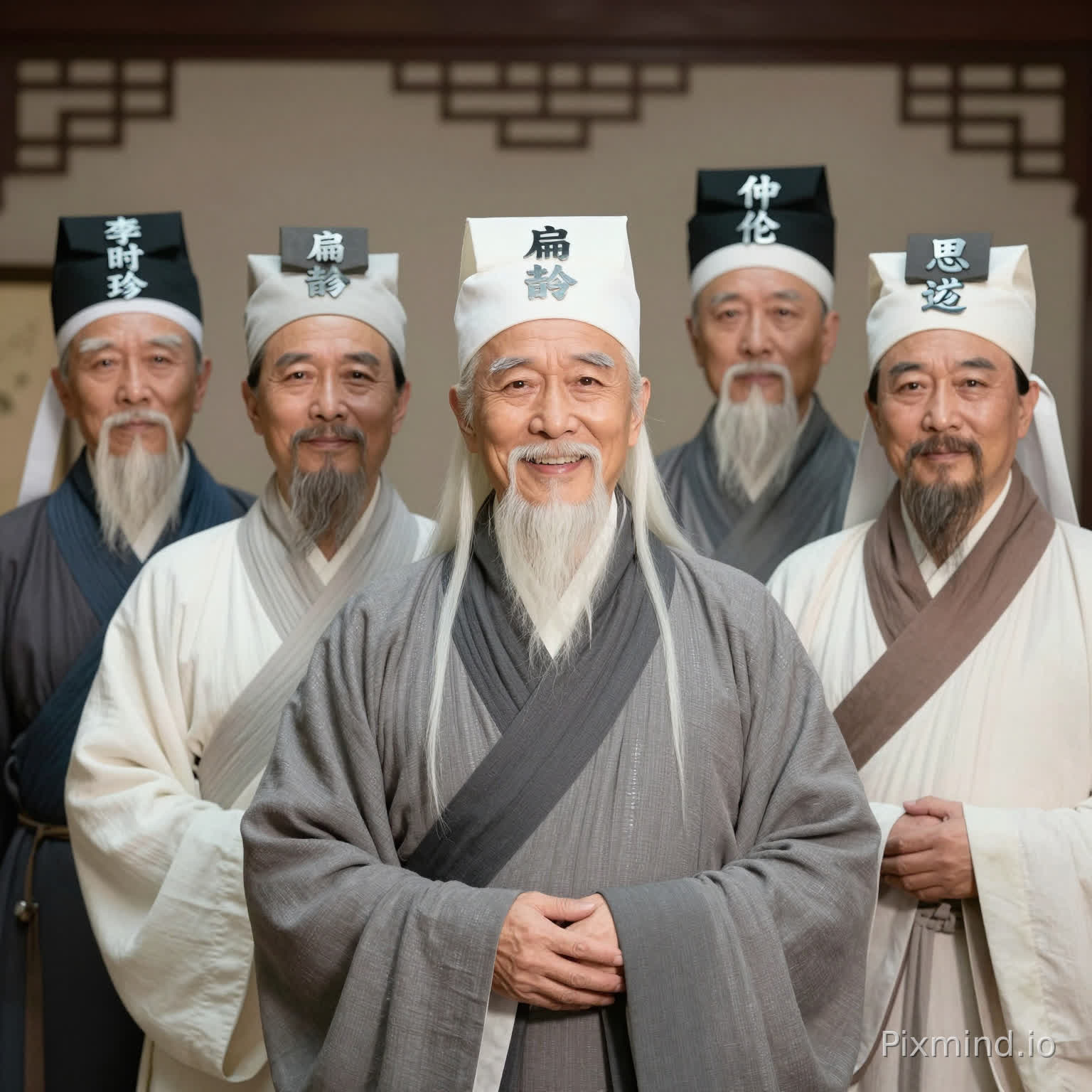 五位面容慈祥、仙风道骨的中老年男性中医(神医形象)。
核心特征: 头发与胡须花白且整齐,面带温和且坚定的笑容。他们穿着传统的灰色、褐色或白色中式古装长袍。
头饰细节: 每个人头上戴着白色或黑色的圆巾,方巾上分别标有**“李时珍”、“扁鹊”、“仲伦”、“扁思邈”**的银色大字体。