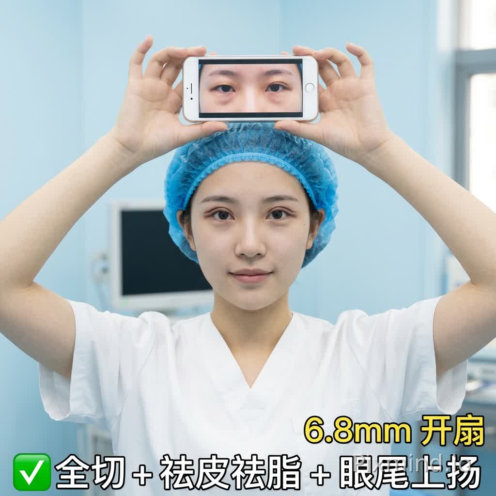 医美双眼皮术前术后对比实拍图,年轻东亚女性正面特写,头戴蓝色一次性无菌手术帽,身穿白色医护服,背景是干净的浅蓝色医美诊疗室;人物头顶举着一部白色手机,手机屏幕内是该女性术前单眼皮肿眼泡的眼部特写,人物本人是术后即刻 6.8mm 开扇双眼皮,眼部形态自然,面部皮肤真实有质感;画面右下角标注黄色文字 “6.8mm 开扇”,左下角标注绿色对勾和白色文字 “全切 + 祛皮祛脂 + 眼尾上扬”;柔和自然光,高清相机直出,真实医疗场景,无畸变,画面干净