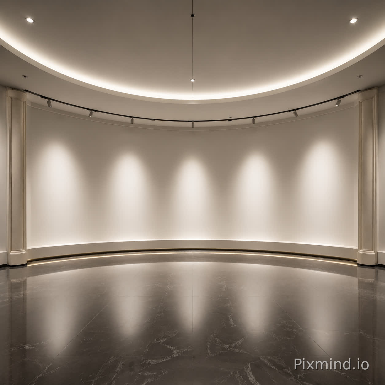 Generate a frontal view of a slightly curved gallery exhibition hall. Please leave the walls bare—I will digitally insert product images myself later. The composition should be clean and uncluttered, free of any complex or distracting elements; the lighting effects must be excellent, and the overall aesthetic should convey a sense of high-end sophistication.