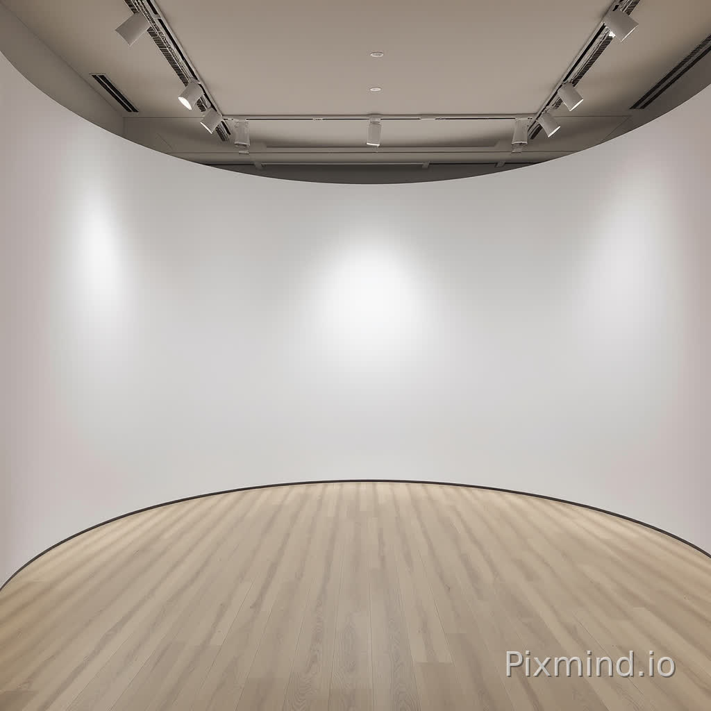 Generate a frontal view of a slightly curved gallery exhibition hall. Please leave the walls bare—I will digitally insert product images myself later. The composition should be clean and uncluttered, free of any complex or distracting elements; the lighting effects must be excellent, and the overall aesthetic should convey a sense of high-end sophistication.