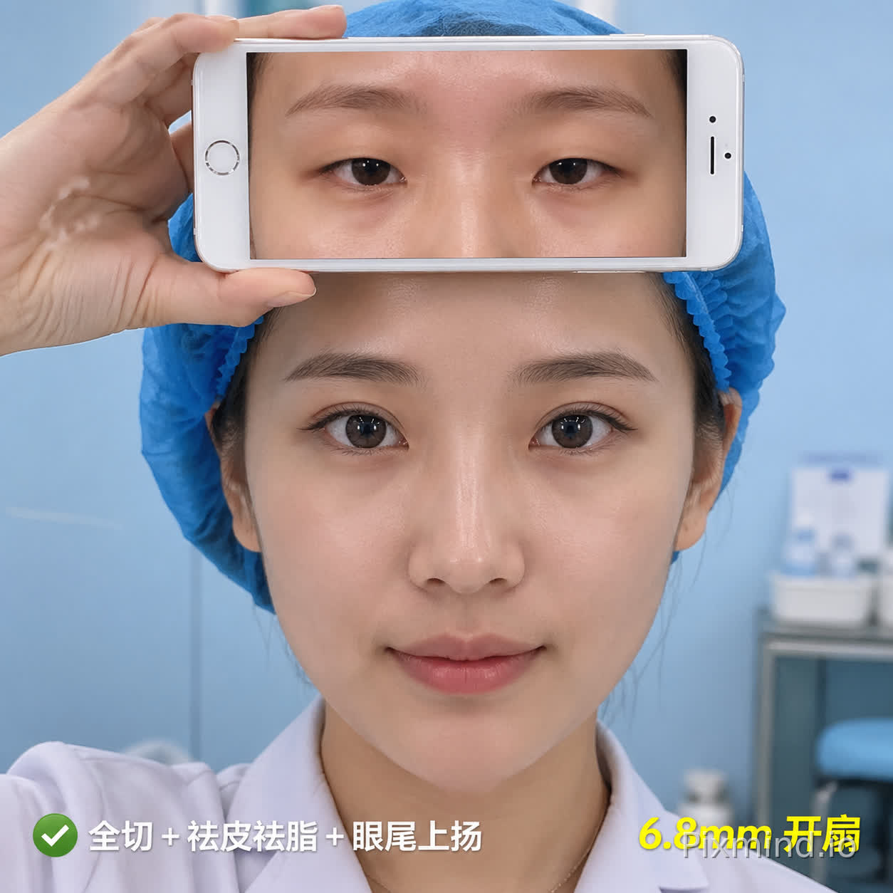 医美双眼皮术前术后对比实拍图,年轻东亚女性正面特写,头戴蓝色一次性无菌手术帽,身穿白色医护服,背景是干净的浅蓝色医美诊疗室;人物头顶举着一部白色手机,手机屏幕内是该女性术前单眼皮肿眼泡的眼部特写,人物本人是术后即刻 6.8mm 开扇双眼皮,眼部形态自然,面部皮肤真实有质感;画面右下角标注黄色文字 “6.8mm 开扇”,左下角标注绿色对勾和白色文字 “全切 + 祛皮祛脂 + 眼尾上扬”;柔和自然光,高清相机直出,真实医疗场景,无畸变,画面干净