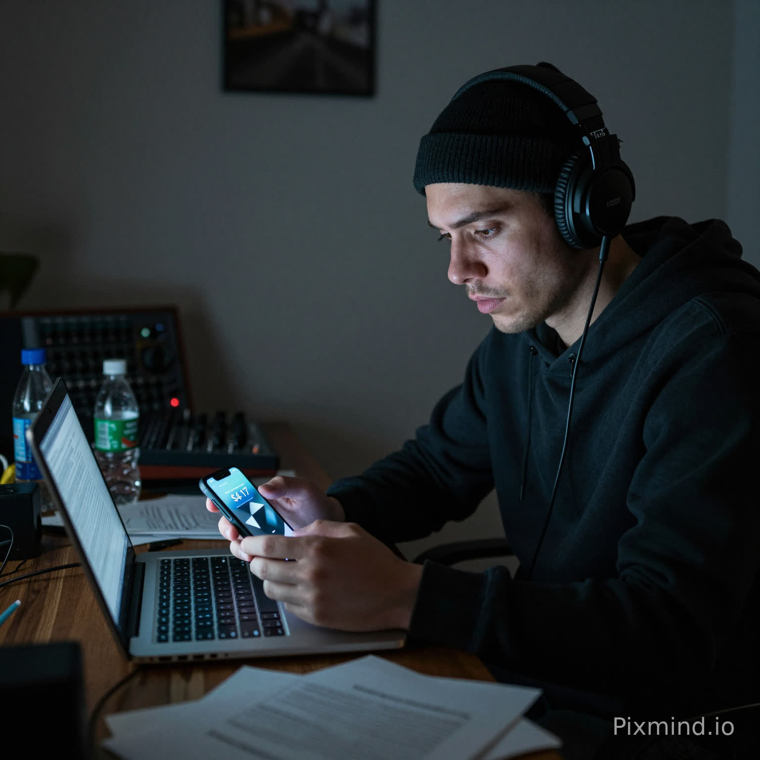 1. The Hook: The $4.17 Revelation
The sequence begins in a dimly lit apartment, bathed in the low, cold light of a laptop and a smartphone. An artist, wearing headphones and a beanie, stares in stunned, heavy silence at his phone screen. The camera zooms subtly, revealing the sharp, geometric display on his device: Monthly Royalty Payment: $4.17. The environment is messy—mixing boards, water bottles, papers—reflecting the grind that currently yields almost nothing. This is the moment the narrative shifts from "distributor" to "betrayal."