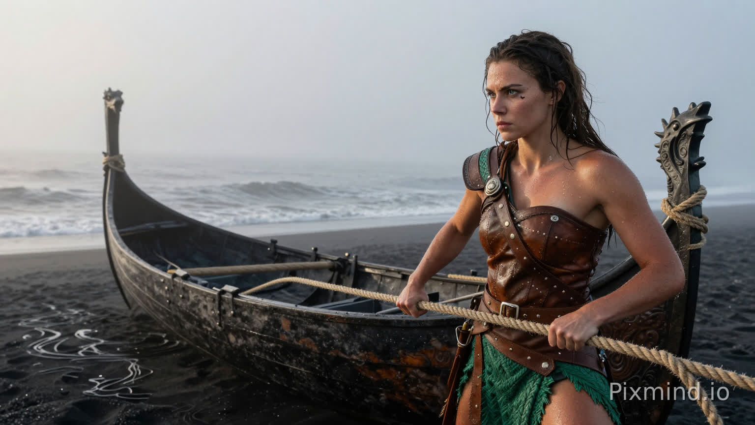 Setting: A misty, black-sand beach in Iceland at dawn.
The Subject: A warrior with athletic, sun-kissed skin and dark brown hair damp from the sea spray. She has a small, sharp scar through one eyebrow and a look of intense focus.
Attire: Practical but alluring lightweight leather armor, wet from the tide, with emerald-green woven fabric accents.
Details: She is pulling a dragon-headed longship onto the shore with a thick hemp rope. Water droplets bead on her collarbone and shoulders.
Atmosphere: Moody Atlantic fog, diffused morning light, photorealistic water ripples, National Geographic style photography, 85mm lens.