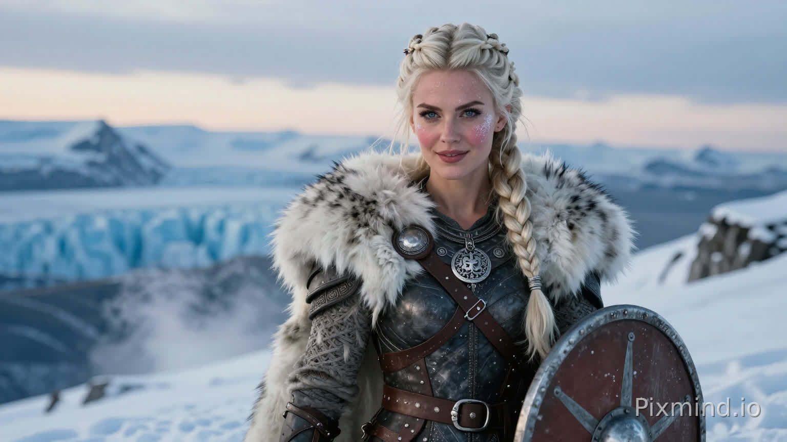 A hyper-realistic full-body portrait of a stunningly beautiful Viking shield-maiden standing atop a snowy peak. She has a confident, sultry gaze and a slight, knowing smile. She is wearing a mix of heavy white wolf furs and form-fitting dark leather armor that accentuates her silhouette. Intricate Norse braids with silver rings are woven into her platinum blonde hair. Her skin is fair with a light dusting of frost on her eyelashes and rosy cheeks. Background is a blur of distant blue glaciers and a twilight sky. Shot on 85mm lens, f/1.8, cinematic lighting, 8k UHD, incredibly detailed skin pores, moisture on skin, volumetric fog, sharp focus.