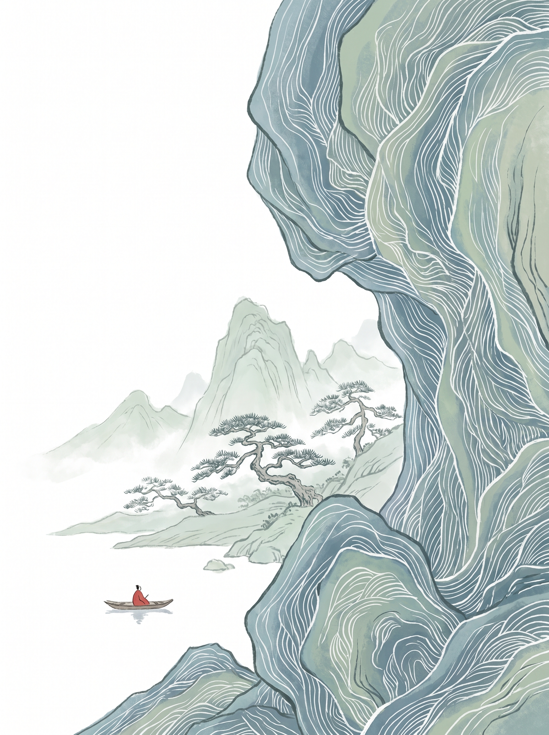 主体场景:以中国传统山水为灵感,呈现了云雾缭绕的青绿山水,前景是蜿蜒的、带有细腻白色线条纹理的山石 / 水纹,中景是层叠的淡绿色远山与苍劲的松树,水面上一叶扁舟,红衣人物独坐其中,形成 “人在画中游” 的意境。
构图布局:采用不对称留白构图,右侧的线条纹理山石占据视觉重心,左侧与上方大面积留白,营造空灵、悠远的东方意境。
色彩搭配:以低饱和度的青绿、浅蓝、米白为主色调,仅用一抹红衣作为视觉点缀,整体色调柔和干净,自带松弛的氛围感。
3. 风格与设计亮点
线条语言:右侧的山石 / 水纹用大量细腻的白色线条勾勒出纹理感,类似版画或工笔白描的表现手法,既塑造了体积感,也让静态的画面多了流动的韵律感。
情绪传递:整体氛围静谧、治愈,既有中式山水的留白禅意,也符合当下流行的 “松弛感” 审美,很适合作为品牌视觉、文创设计或装饰画使用。,比例 「3:4」