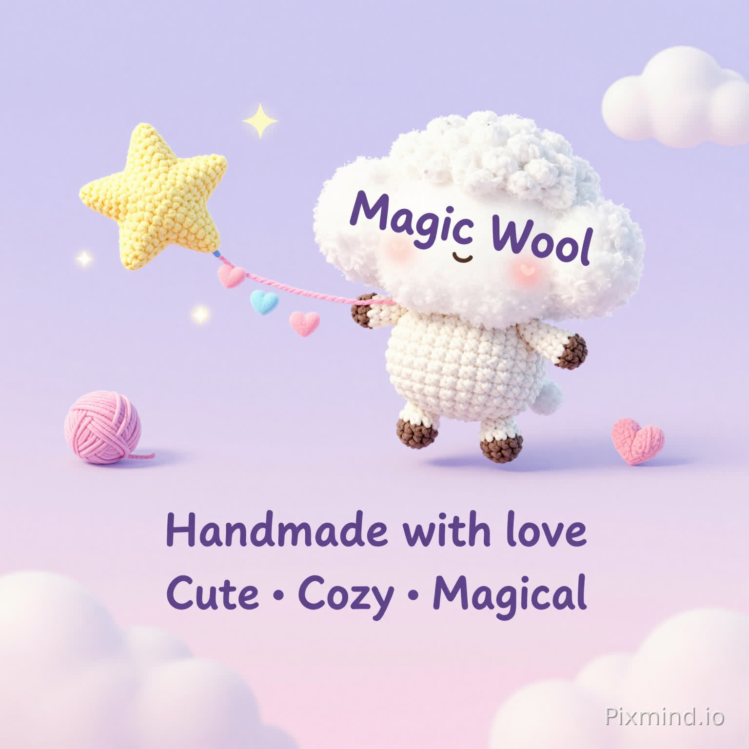 A cute pastel advertisement for a crochet brand called “Magic Wool”. The design features a soft lavender and pastel pink background with fluffy clouds and small sparkles. A kawaii-style sheep mascot named Stary is hanging behind a pastel shooting star trail coming from the left, with only the head, hands, and legs visible. The star has no face. The brand name “Magic Wool” is written inside a soft cloud in a playful handwritten font. Include crochet-themed elements like yarn balls and tiny hearts. Add soft glowing effects and a dreamy, cozy aesthetic. Include text: “Handmade with love”, “Cute • Cozy • Magical”. Clean, aesthetic, pastel color palette (pink, purple, blue, yellow), minimal and professional layout.